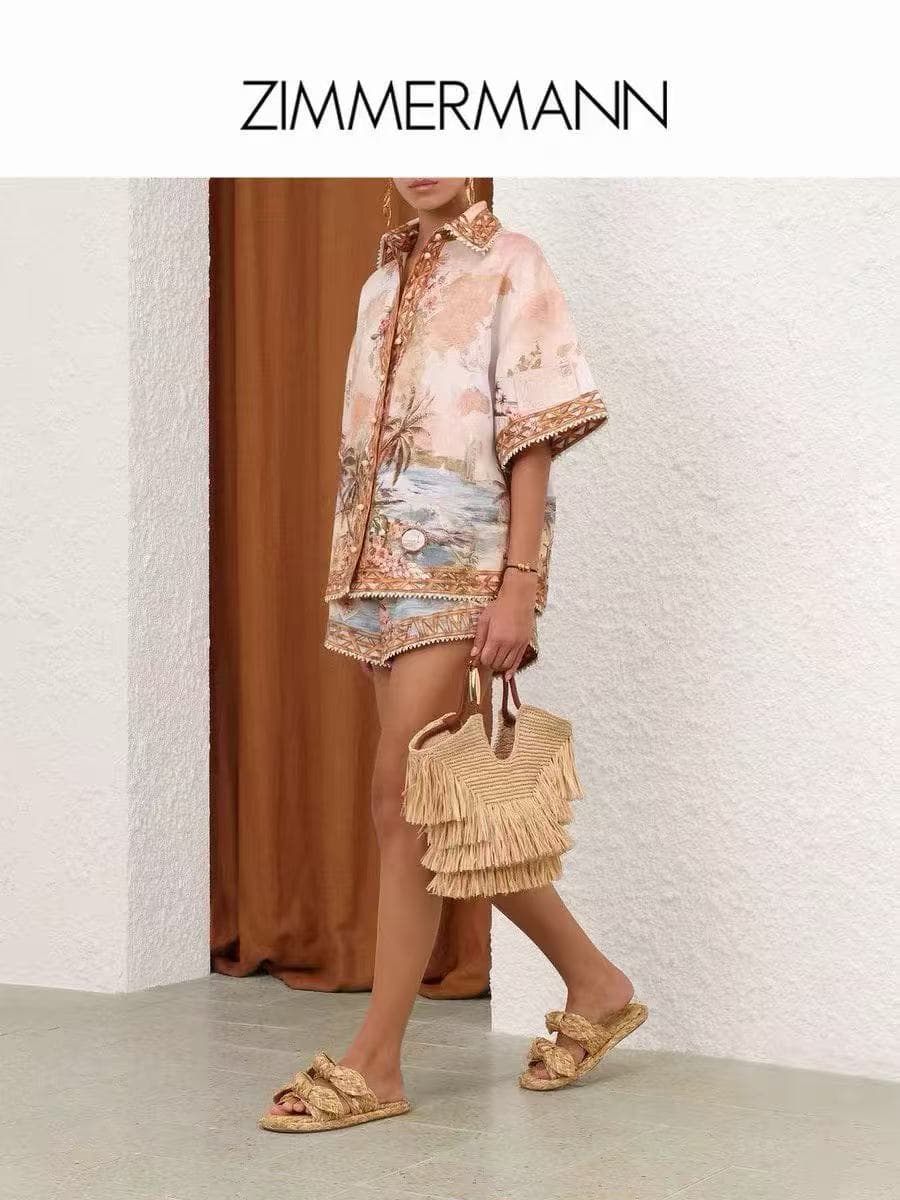 C18263 Item number: 20265414 Zimmermann* New linen set, vacation-themed coconut tree print short-sleeved shirts + shorts, white color, S-XL sizes. [L size: shoulder width 56, bust circumference 128, sleeve length 26, overall length 71; waist circumference — image 4