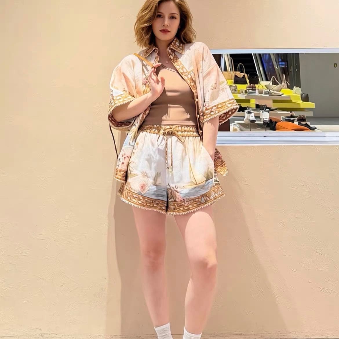C18263 Item number: 20265414 Zimmermann* New linen set, vacation-themed coconut tree print short-sleeved shirts + shorts, white color, S-XL sizes. [L size: shoulder width 56, bust circumference 128, sleeve length 26, overall length 71; waist circumference — image 2