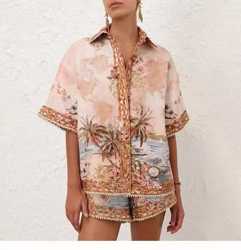 C18263 Item number: 20265414 Zimmermann* New linen set, vacation-themed coconut tree print short-sleeved shirts + shorts, white color, S-XL sizes. [L size: shoulder width 56, bust circumference 128, sleeve length 26, overall length 71; waist circumference — image 3