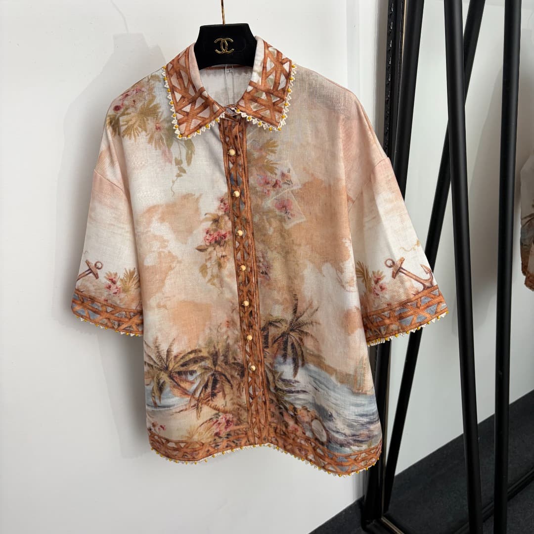 C18264 Item number: 20265414 Zimmermann* New linen set, vacation-themed coconut tree pattern short-sleeved shirts + shorts, white color, S-XL sizes. [L size: shoulder width 56, bust size 128, arm length 26, overall length 71; waist size 78, elastic, overa — image 2