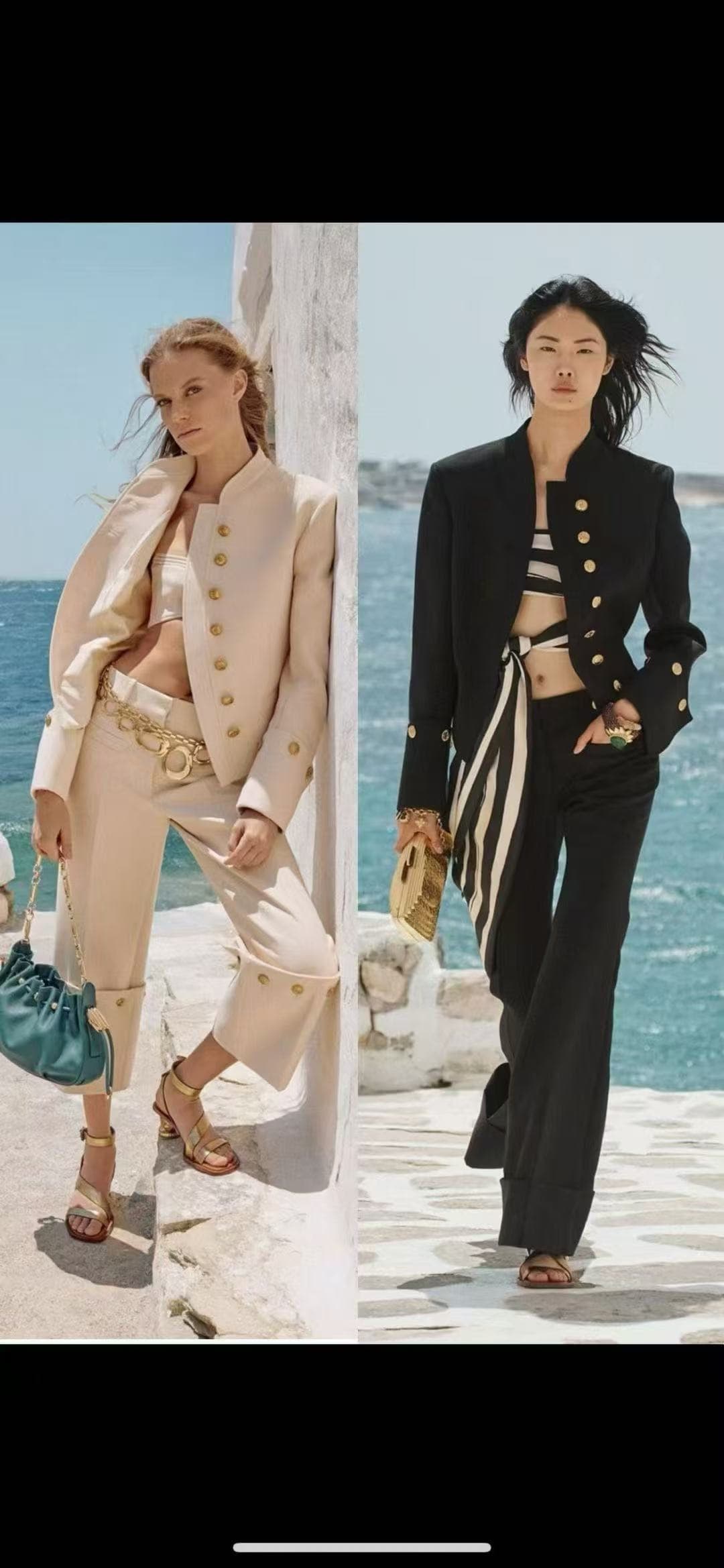 C18249 Item number: 20265729 Zimmermann* New set: single-row gold-button straight-collared long-sleeve jacket + stylish crumpled-leg straight pants. Colors: beige, black. S-XL sizes. [S size: shoulder width 40, bust circumference 90, sleeve length 60, ove — image 4