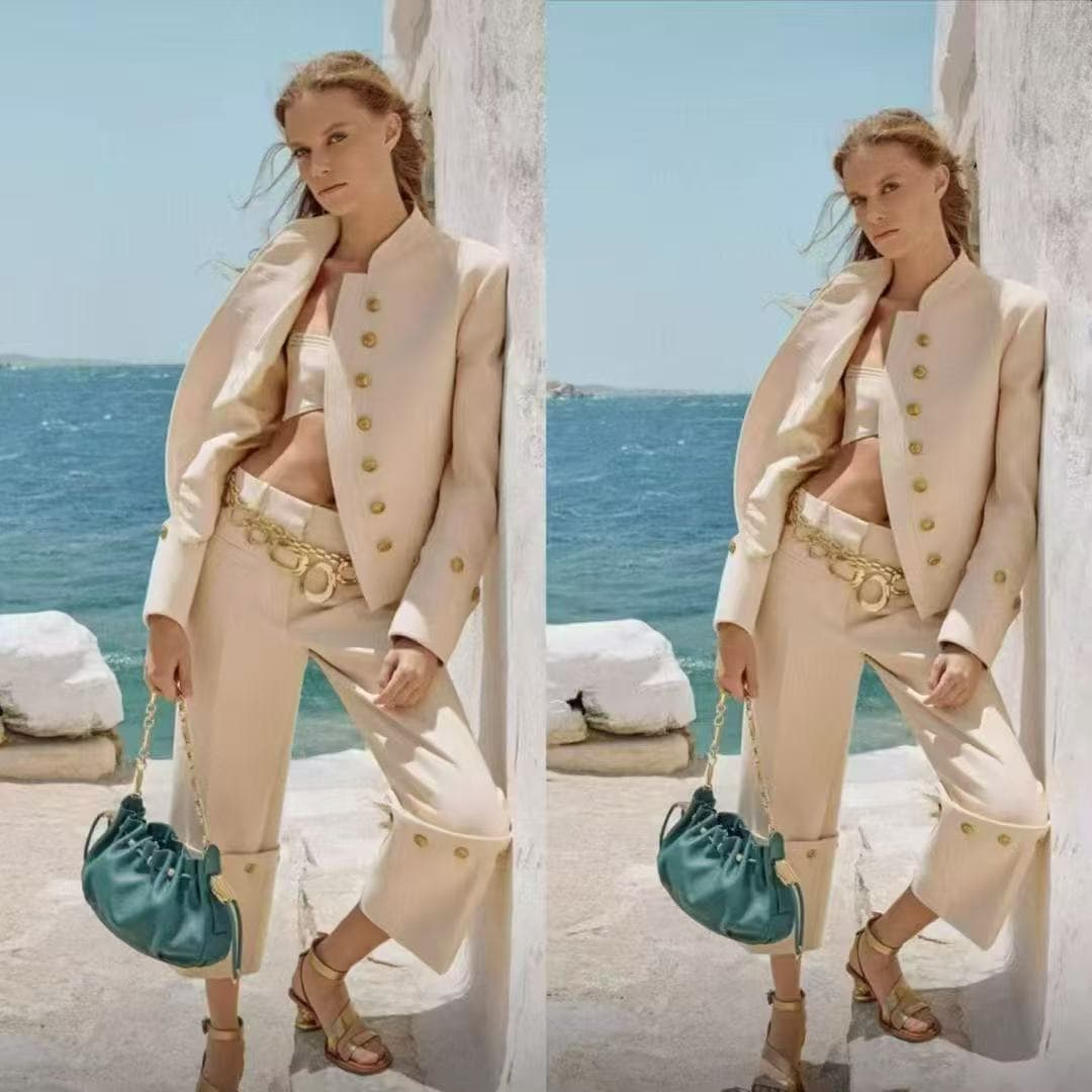 C18249 Item number: 20265729 Zimmermann* New set: single-row gold-button straight-collared long-sleeve jacket + stylish crumpled-leg straight pants. Colors: beige, black. S-XL sizes. [S size: shoulder width 40, bust circumference 90, sleeve length 60, ove — image 3