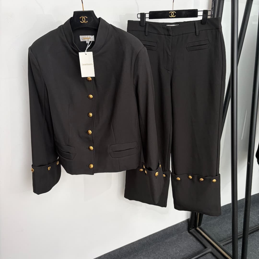 C18250 Style number 20265729 Zimmermann* New set: single-row gold buttons stand-up collar long-sleeved jacket + stylish rolled-leg straight pants. Colors: beige, black. S-XL sizes. [S size: shoulder width 40, bust circumference 90, sleeve length 60, overa — image 2
