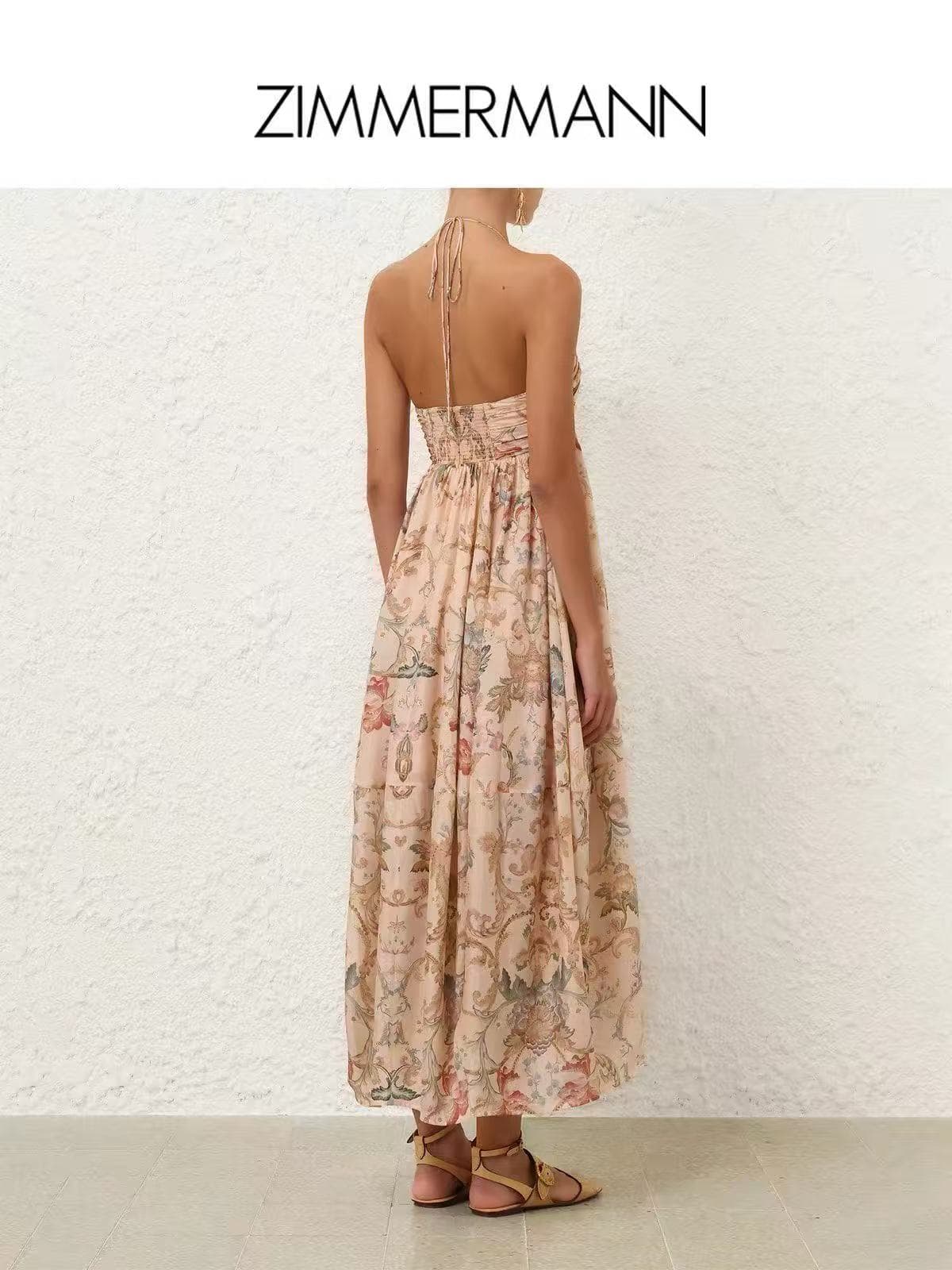 C18241 Style number 20265773 Zimmermann* Vintage/retro style, colored flower pattern, doll-like design with a waist cover and halter neckline, long dress, apricot color, S-XL sizes. [S size: elasticized bust, 76; elasticized waist, 74; long length, 118; w — image 2