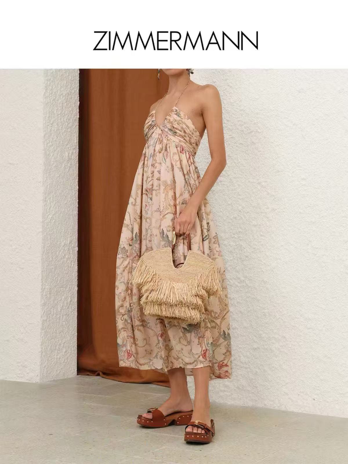 C18241 Style number 20265773 Zimmermann* Vintage/retro style, colored flower pattern, doll-like design with a waist cover and halter neckline, long dress, apricot color, S-XL sizes. [S size: elasticized bust, 76; elasticized waist, 74; long length, 118; w — image 3