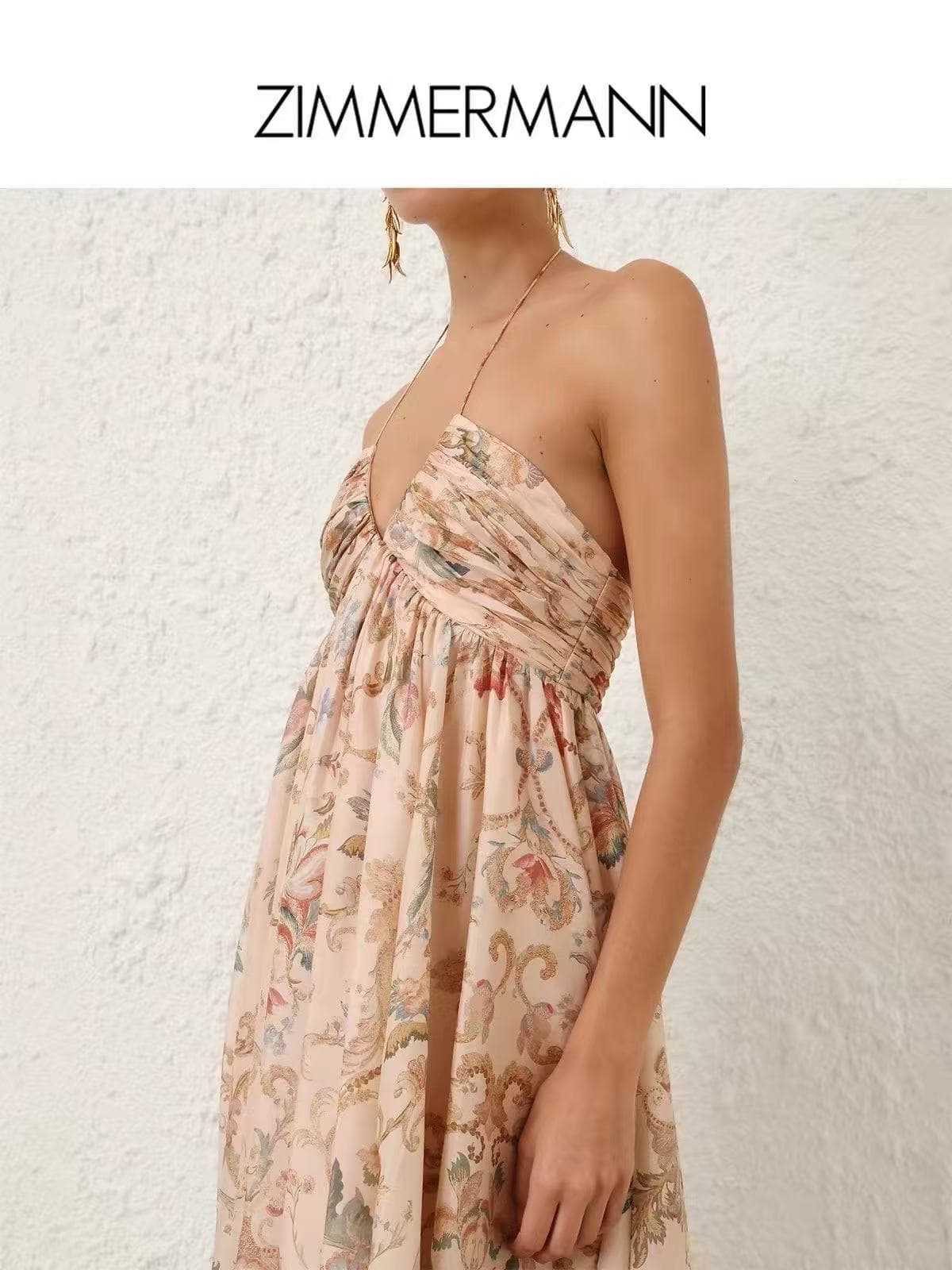 C18241 Style number 20265773 Zimmermann* Vintage/retro style, colored flower pattern, doll-like design with a waist cover and halter neckline, long dress, apricot color, S-XL sizes. [S size: elasticized bust, 76; elasticized waist, 74; long length, 118; w — image 4