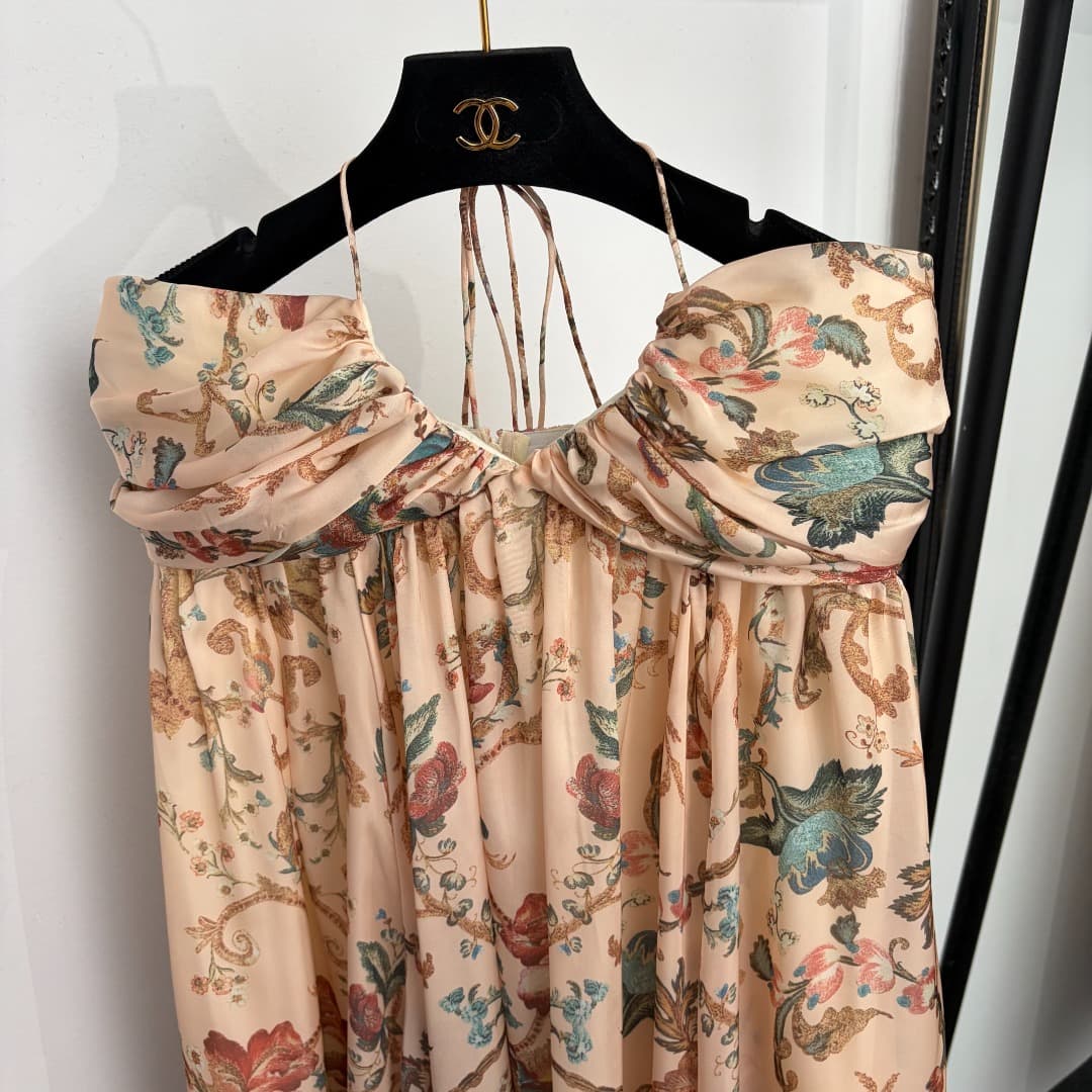 C18242 Style number 20265773 Zimmermann* Vintage/retro style, colored flower pattern, doll-like design with belted waist and halter back dress. Long dress, apricot color, S-XL sizes. [S size: elasticic bust, 76; elasticic waist, 74; long length, 118; weig — image 2