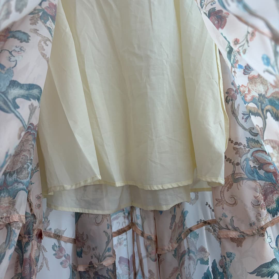 C18242 Style number 20265773 Zimmermann* Vintage/retro style, colored flower pattern, doll-like design with belted waist and halter back dress. Long dress, apricot color, S-XL sizes. [S size: elasticic bust, 76; elasticic waist, 74; long length, 118; weig — image 8