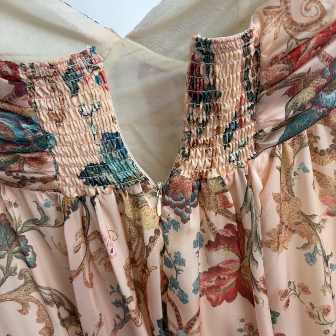 C18242 Style number 20265773 Zimmermann* Vintage/retro style, colored flower pattern, doll-like design with belted waist and halter back dress. Long dress, apricot color, S-XL sizes. [S size: elasticic bust, 76; elasticic waist, 74; long length, 118; weig — image 7