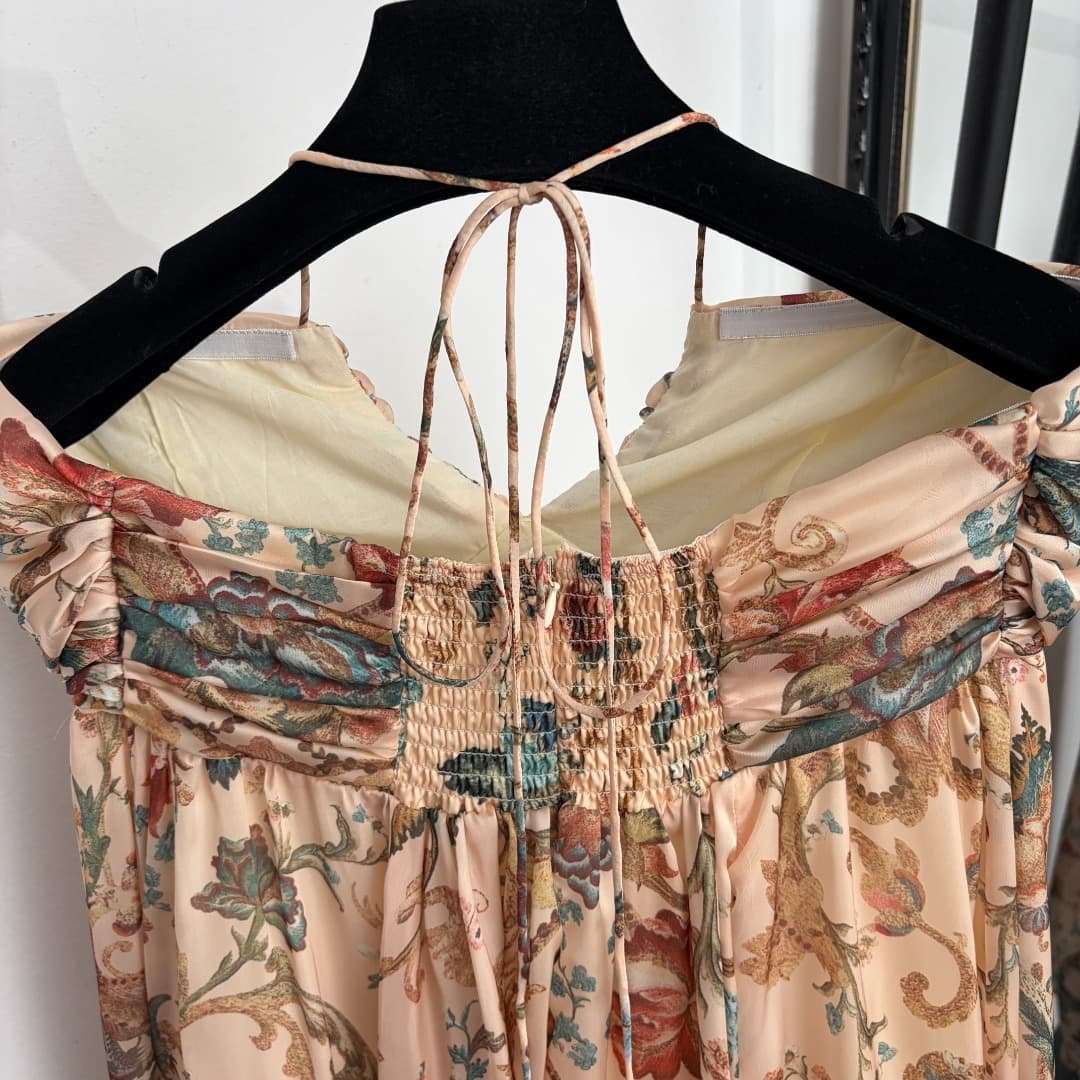C18242 Style number 20265773 Zimmermann* Vintage/retro style, colored flower pattern, doll-like design with belted waist and halter back dress. Long dress, apricot color, S-XL sizes. [S size: elasticic bust, 76; elasticic waist, 74; long length, 118; weig — image 5