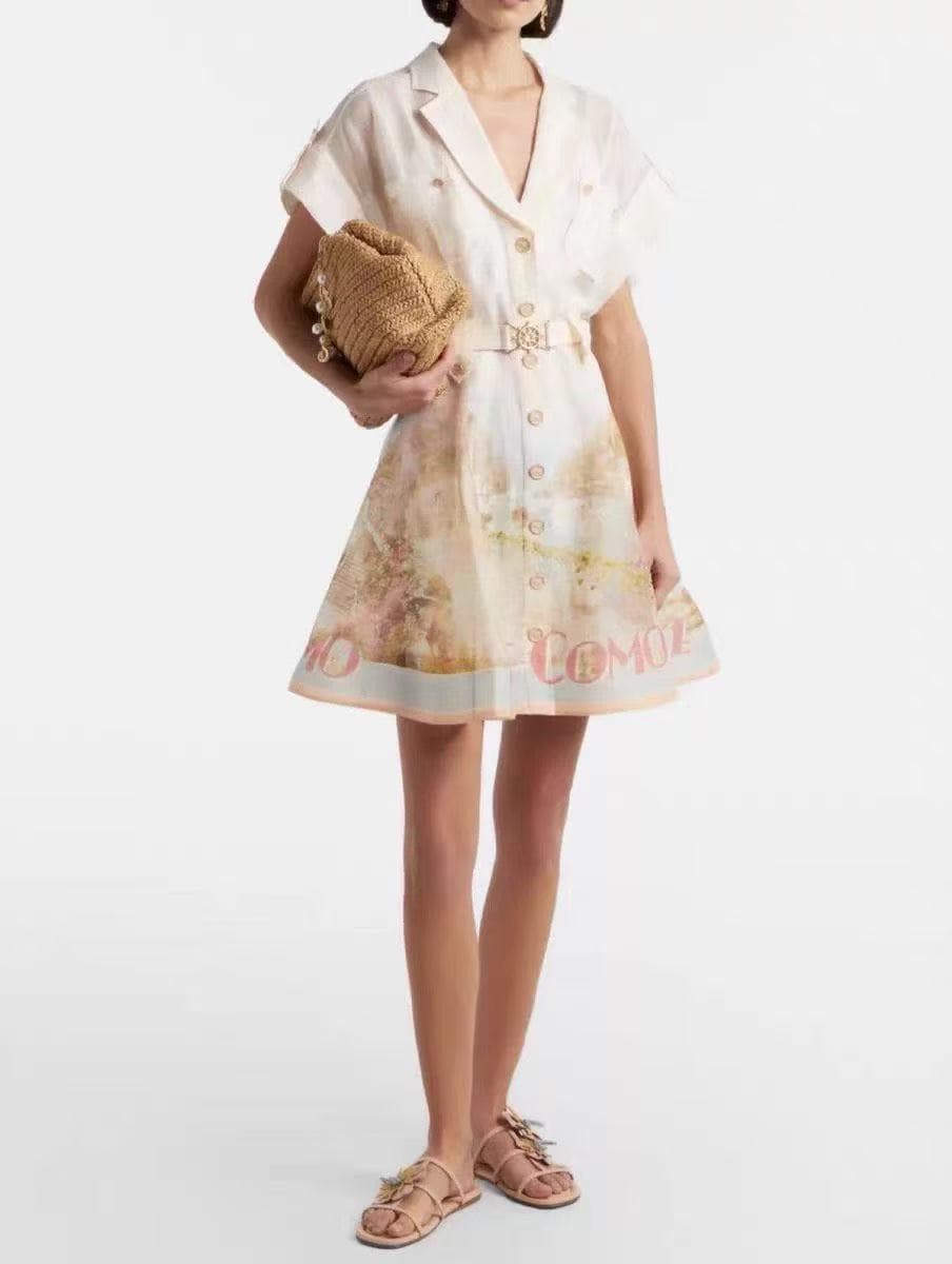 C18235 Item number: 20265979 Zimmermann* New vacation-style printed suit-collar, waist-custom short-sleeve dress with straps. Color: beige. S-XL sizes. [Size M: bust 84, length 65; bust 80, waist 72, length 90; weight: 0, 440kg] — image 1