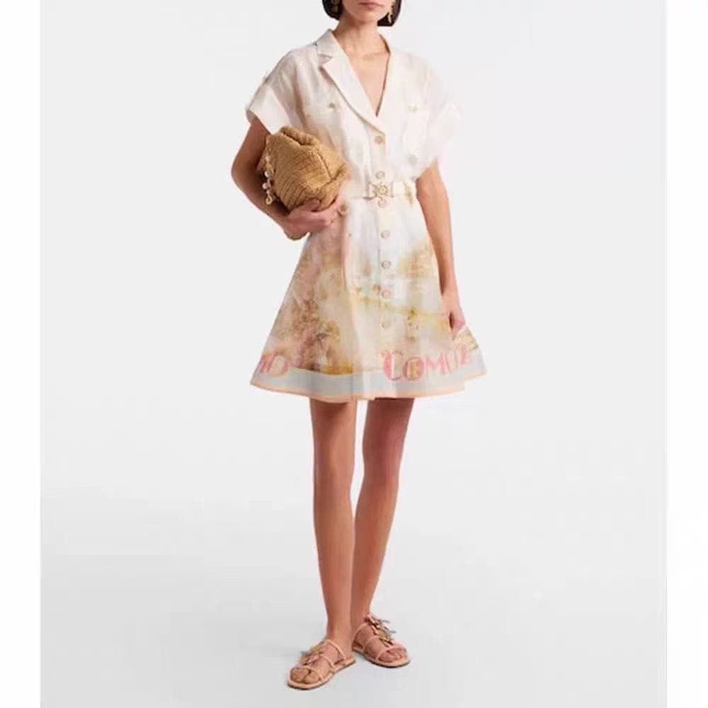 C18235 Item number: 20265979 Zimmermann* New vacation-style printed suit-collar, waist-custom short-sleeve dress with straps. Color: beige. S-XL sizes. [Size M: bust 84, length 65; bust 80, waist 72, length 90; weight: 0, 440kg] — image 4