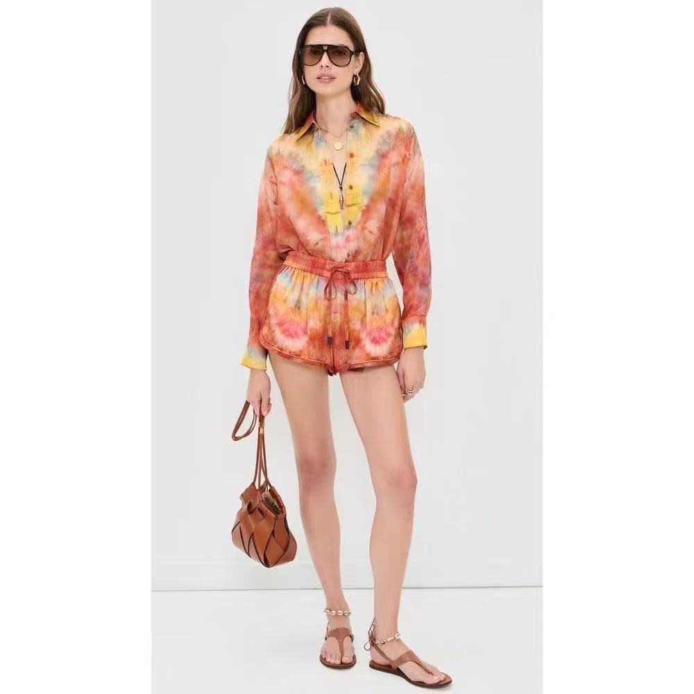 C18233 Style number 20265980 Zimmermann* New set: gradient-colored printed long-sleeved shirt + elastic waist shorts, red color, S-XL sizes. [S size: bust circumference 132, sleeve length 63, overall length 83; waist circumference 68 with elasticity; over — image 3