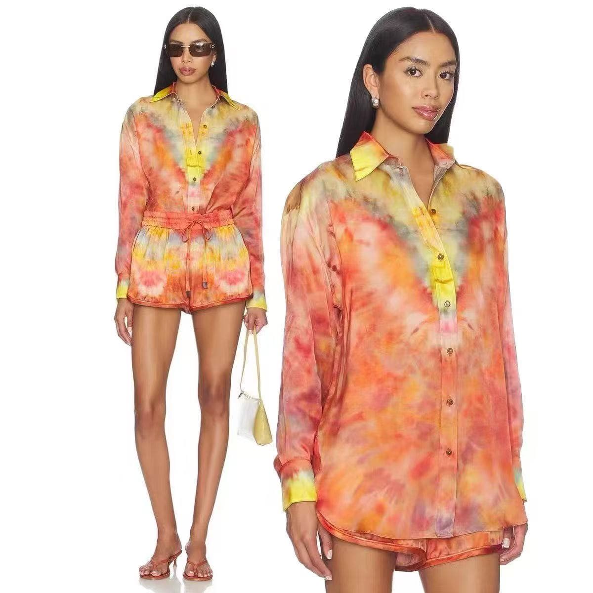 C18233 Style number 20265980 Zimmermann* New set: gradient-colored printed long-sleeved shirt + elastic waist shorts, red color, S-XL sizes. [S size: bust circumference 132, sleeve length 63, overall length 83; waist circumference 68 with elasticity; over — image 4