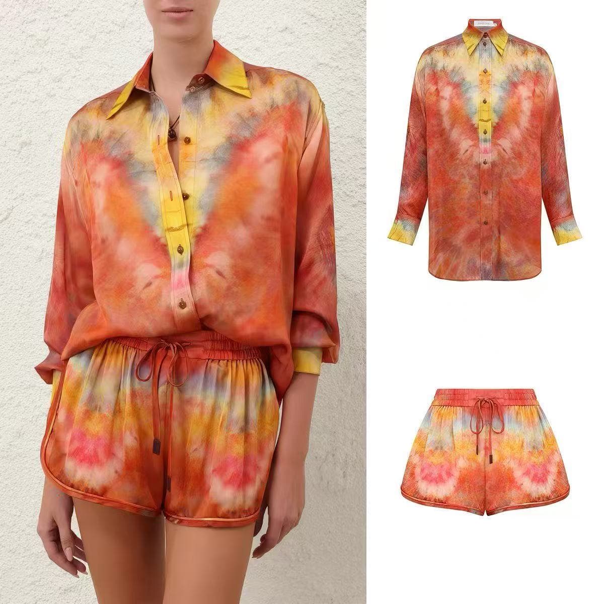 C18233 Style number 20265980 Zimmermann* New set: gradient-colored printed long-sleeved shirt + elastic waist shorts, red color, S-XL sizes. [S size: bust circumference 132, sleeve length 63, overall length 83; waist circumference 68 with elasticity; over — image 2