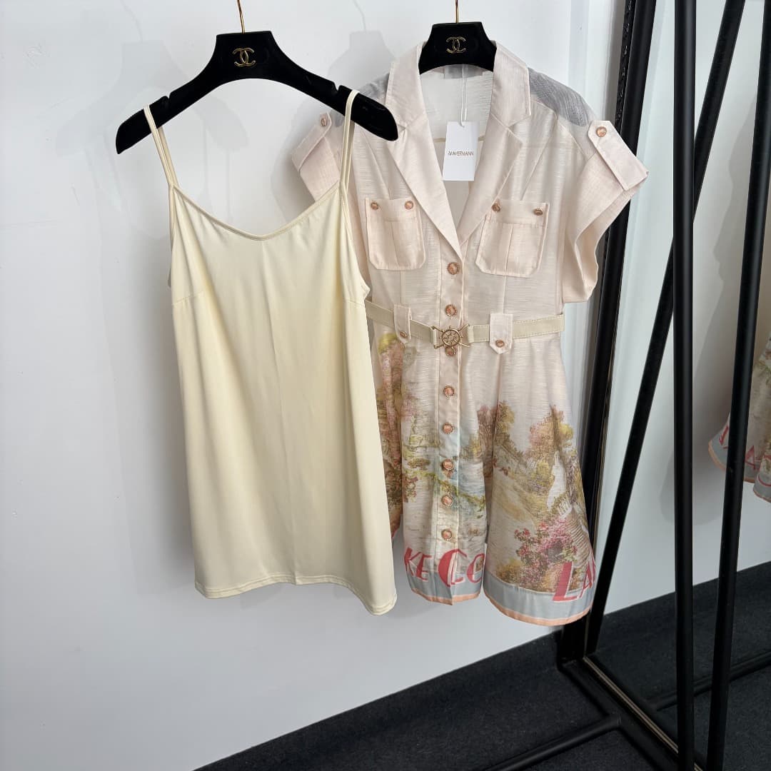 C18236 Item number: 20265979 Zimmermann* New style resort-themed printed suit-collar, waist-curving short-sleeve dress with straps. Color: beige. S-XL sizes. [Size M: Chest circumference 84, length 65; Chest circumference 80, waist circumference 72, lengt — image 2