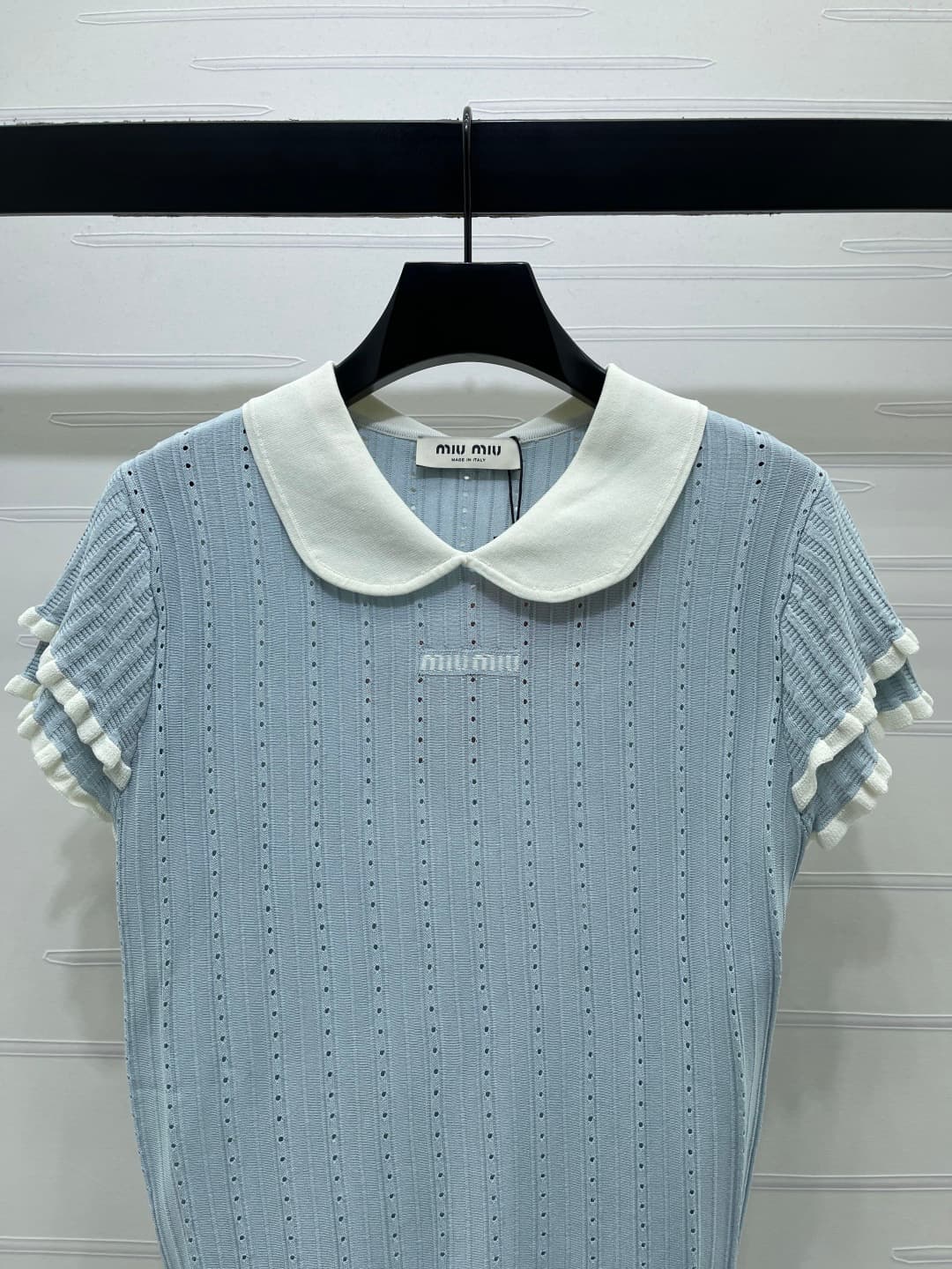 C18493 📣 New high-end collection/series – the latest spring/summer series by MiuMi*2026! Short sleeves with embroidered open neck design! Customized silk-wool knitted material – soft, delicate, and highly elastic. Double layered cuffs in contrasting color — image 4