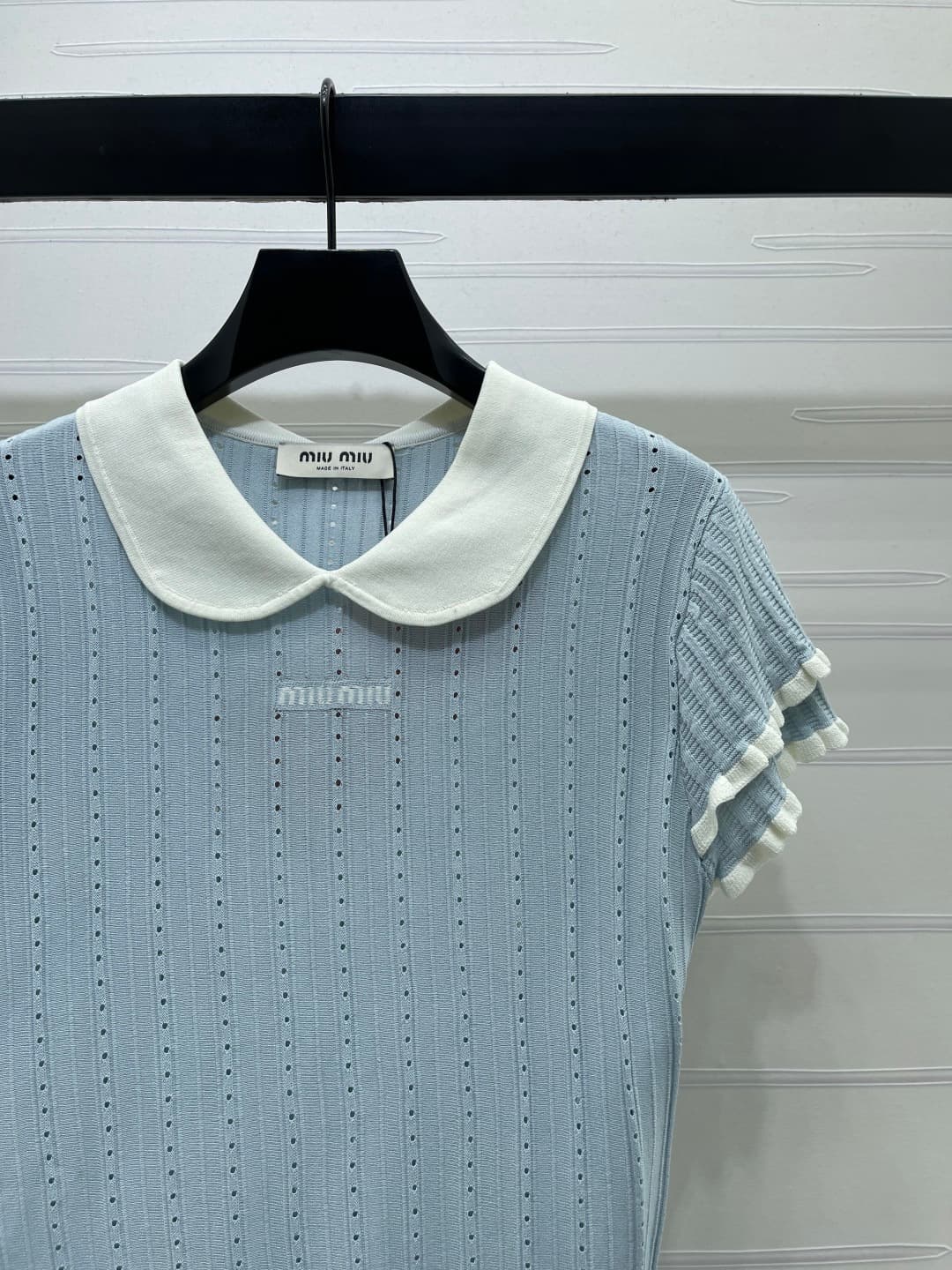 C18493 📣 New high-end collection/series – the latest spring/summer series by MiuMi*2026! Short sleeves with embroidered open neck design! Customized silk-wool knitted material – soft, delicate, and highly elastic. Double layered cuffs in contrasting color — image 2