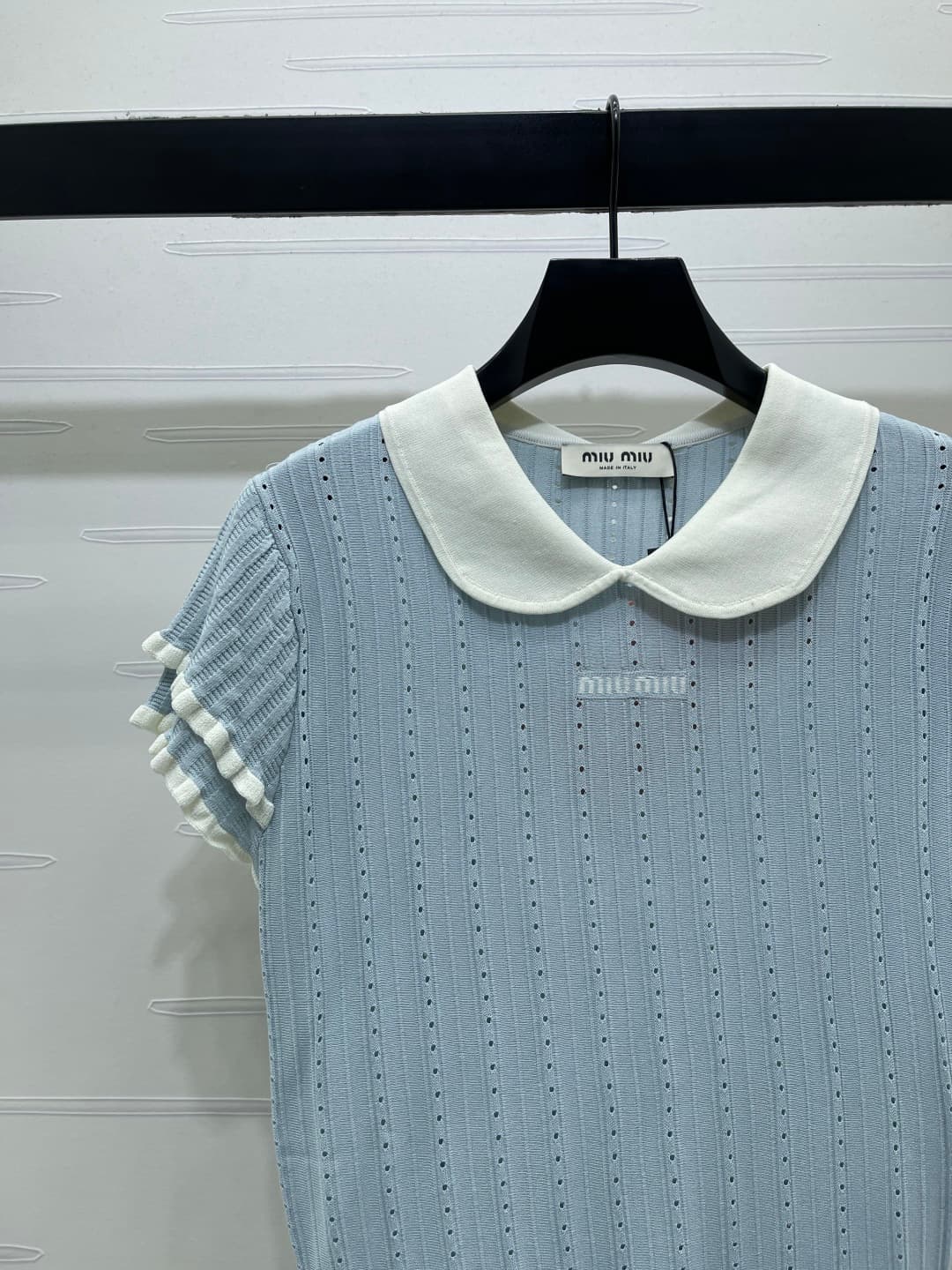 C18493 📣 New high-end collection/series – the latest spring/summer series by MiuMi*2026! Short sleeves with embroidered open neck design! Customized silk-wool knitted material – soft, delicate, and highly elastic. Double layered cuffs in contrasting color — image 3