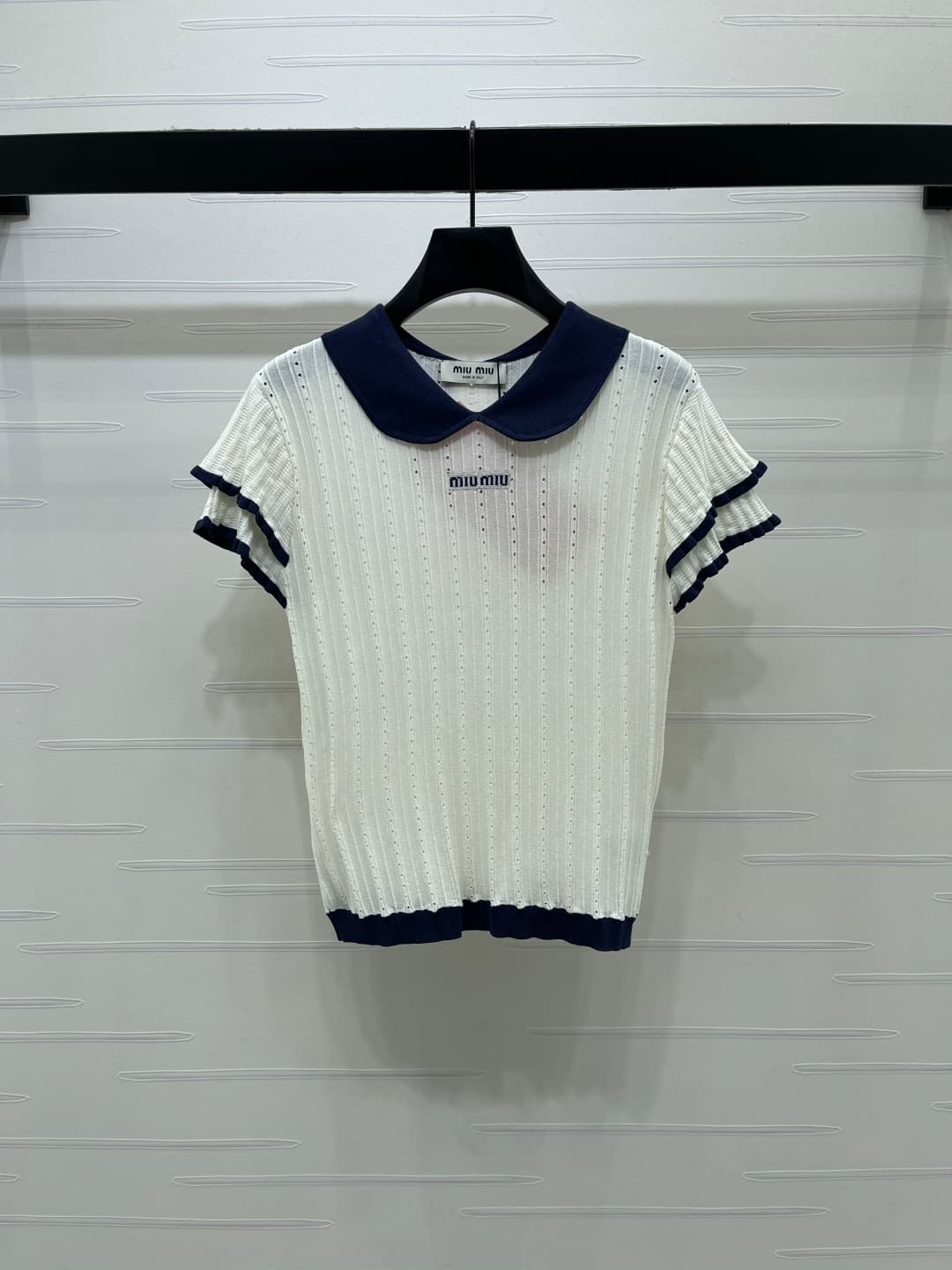 C18495 📣 New high-end collection/series – the latest spring collection by MiuMi*2026! Short sleeves with lace-knit openings and baby collar design! Custom silk-felt knitted material – soft, delicate, and highly elastic. Double-layered cuffs in contrasting — image 2