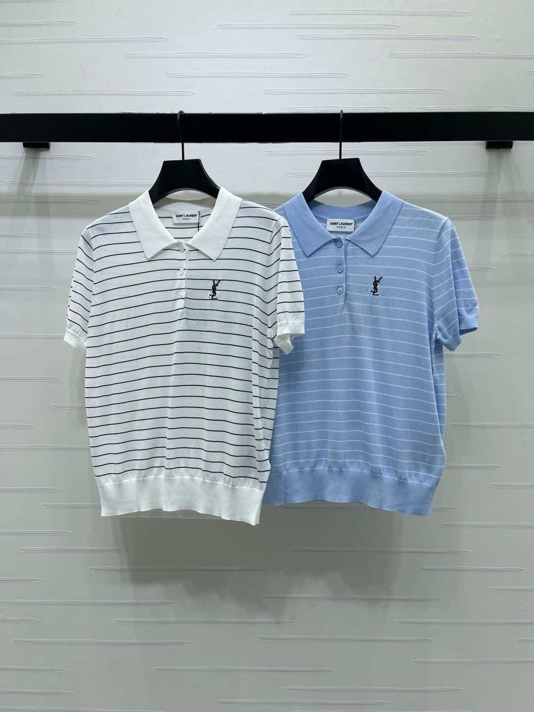 C18660 📣 New high-end collection! YSL* 2026 – the latest spring/summer series! V-Neck striped knitted short sleeves! Crafted with custom silk and wool yarn for a premium and comfortable feel. V-neck short sleeve design with half-open buttons. Full-body al — image 1