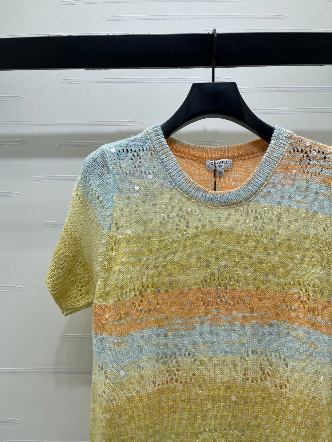 C18641 📣 New high-end collection/series – CHANE* 2026: the latest spring/summer collection! Knit short sleeves with gradient round collars! Made from custom cotton wool yarn for a premium and comfortable feel. Knit cut, with gradient stripes and sequin de — image 3