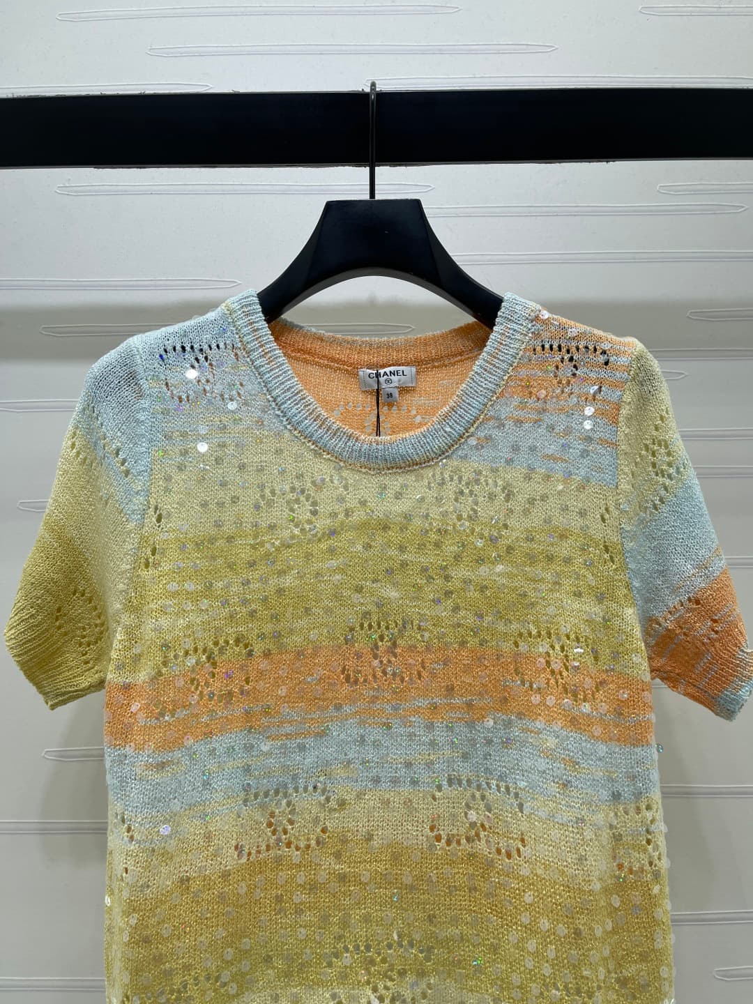 C18641 📣 New high-end collection/series – CHANE* 2026: the latest spring/summer collection! Knit short sleeves with gradient round collars! Made from custom cotton wool yarn for a premium and comfortable feel. Knit cut, with gradient stripes and sequin de — image 4