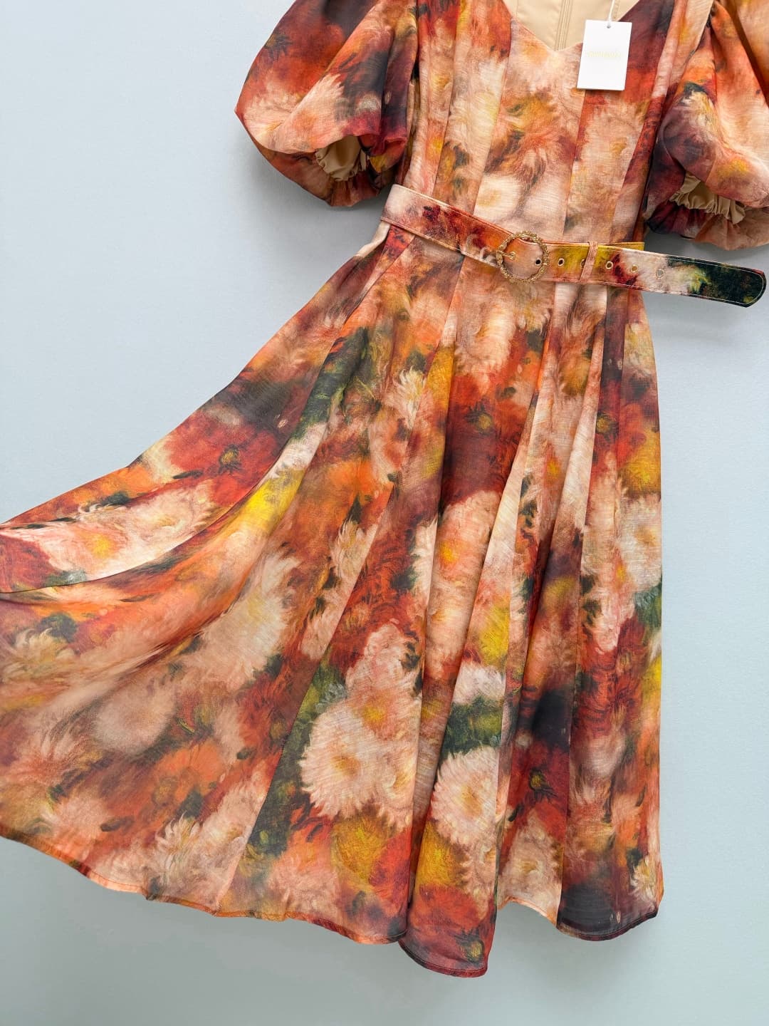 C18410 🔥🔥Zimmerma*26 Vintage/retro new dress with vivid Impressionist peony prints. The peony patterns have an Impressionist oil painting texture, with red, orange, yellow, and green colors interwoven and blended together—like a autumn garden depicted by  — image 7