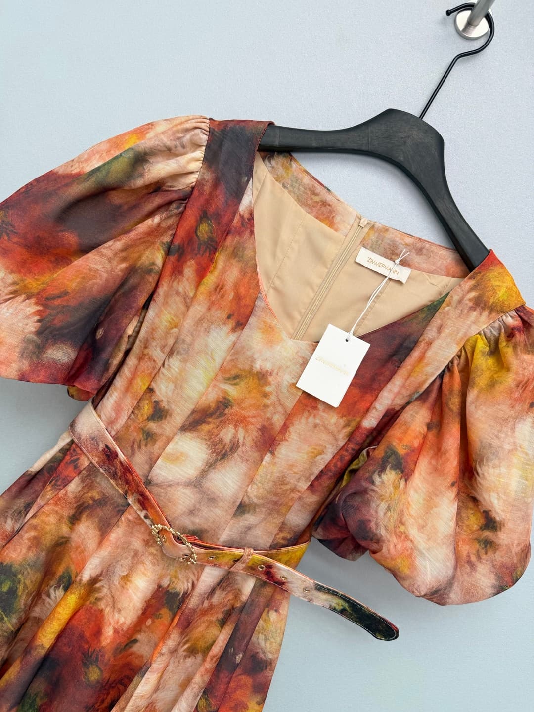 C18410 🔥🔥Zimmerma*26 Vintage/retro new dress with vivid Impressionist peony prints. The peony patterns have an Impressionist oil painting texture, with red, orange, yellow, and green colors interwoven and blended together—like a autumn garden depicted by  — image 3