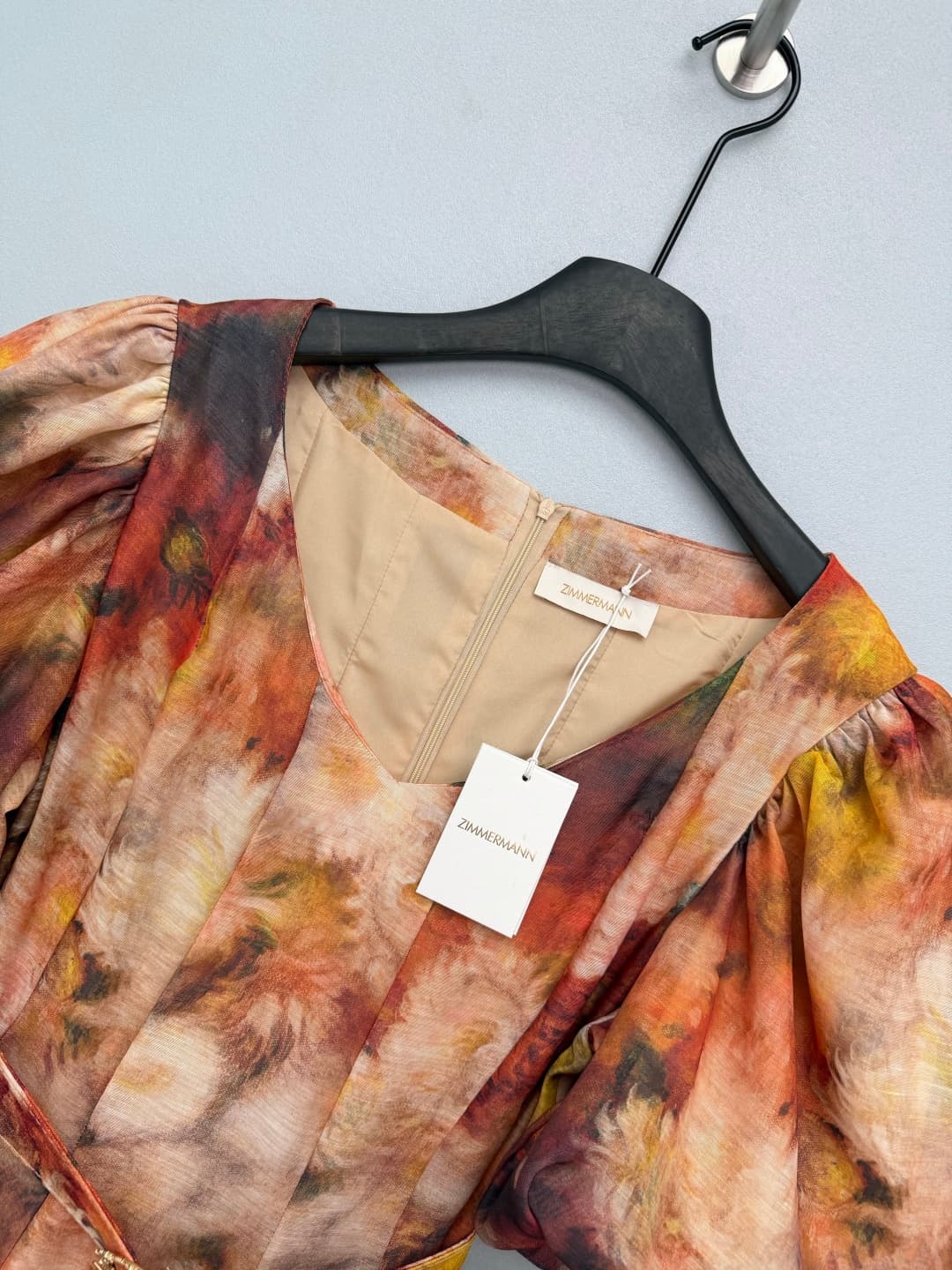 C18410 🔥🔥Zimmerma*26 Vintage/retro new dress with vivid Impressionist peony prints. The peony patterns have an Impressionist oil painting texture, with red, orange, yellow, and green colors interwoven and blended together—like a autumn garden depicted by  — image 2