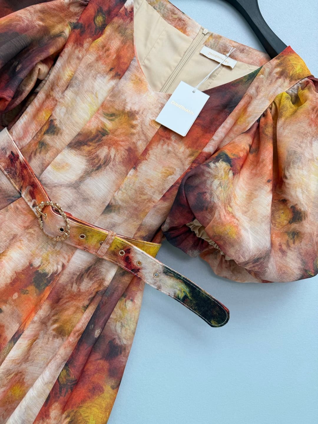C18410 🔥🔥Zimmerma*26 Vintage/retro new dress with vivid Impressionist peony prints. The peony patterns have an Impressionist oil painting texture, with red, orange, yellow, and green colors interwoven and blended together—like a autumn garden depicted by  — image 4