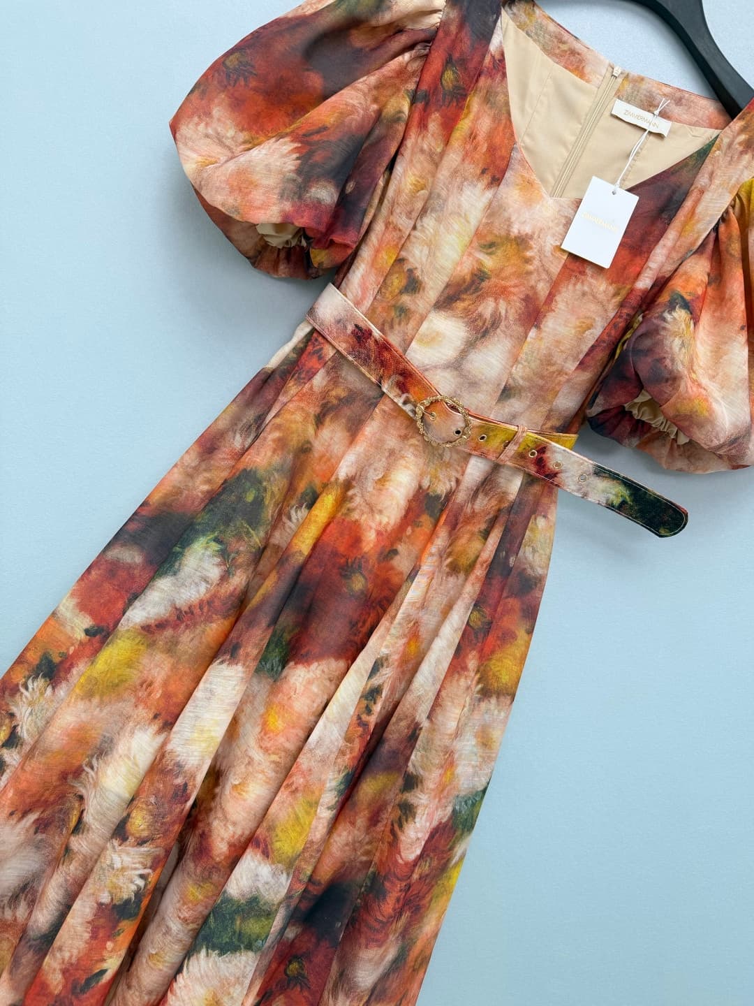 C18410 🔥🔥Zimmerma*26 Vintage/retro new dress with vivid Impressionist peony prints. The peony patterns have an Impressionist oil painting texture, with red, orange, yellow, and green colors interwoven and blended together—like a autumn garden depicted by  — image 6