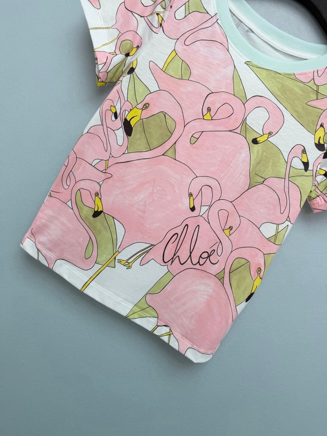 C18402 🔥🔥Chlo*26 New-style flamingo-themed short-sleeved T-shirts. The hand-drawn flamingos on the shirts are really cute; with a gentle pink color scheme and fresh green leaves, it’s like wearing a tropical vacation style outfit. The mint green accent on — image 6
