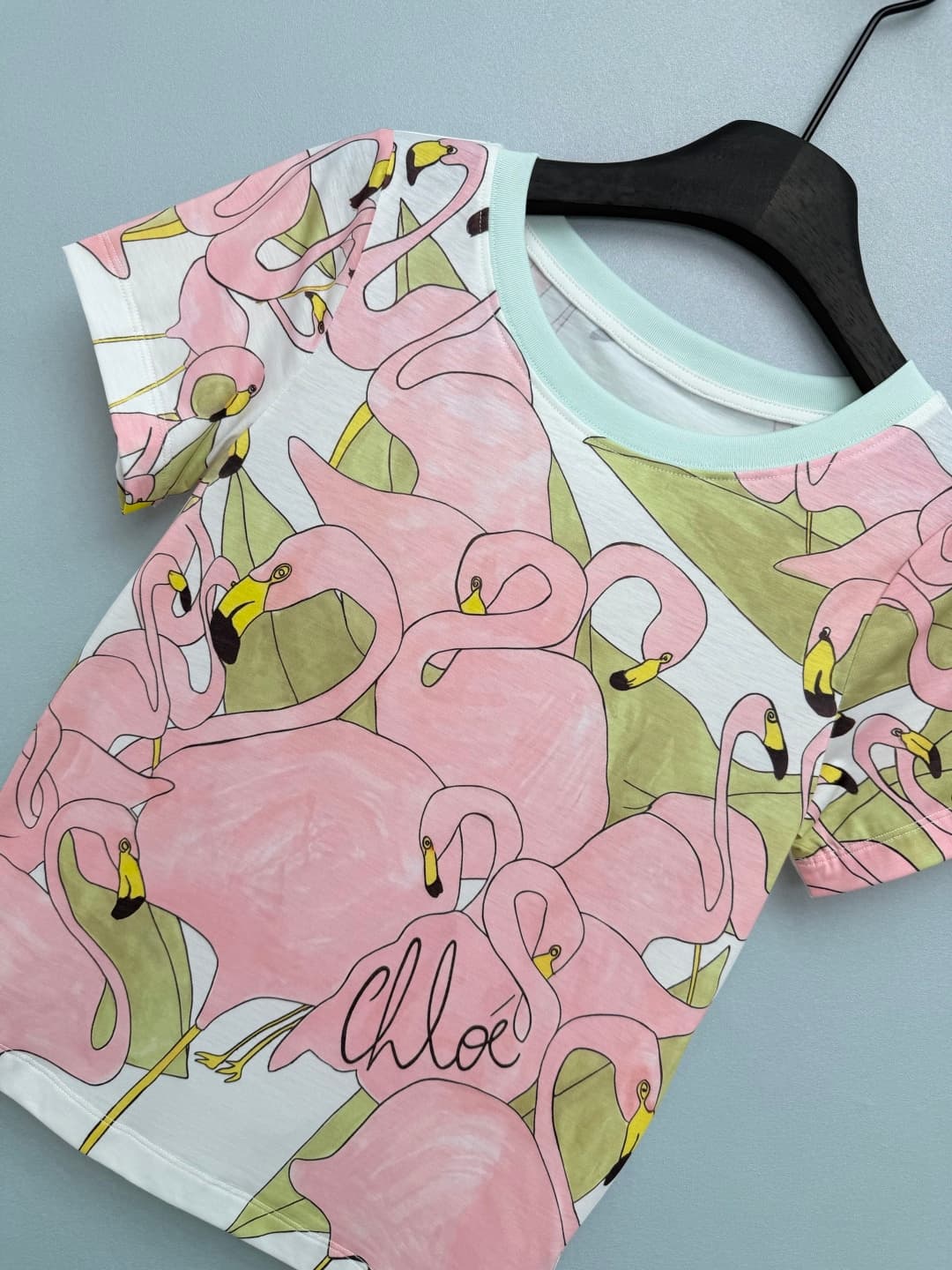 C18402 🔥🔥Chlo*26 New-style flamingo-themed short-sleeved T-shirts. The hand-drawn flamingos on the shirts are really cute; with a gentle pink color scheme and fresh green leaves, it’s like wearing a tropical vacation style outfit. The mint green accent on — image 5