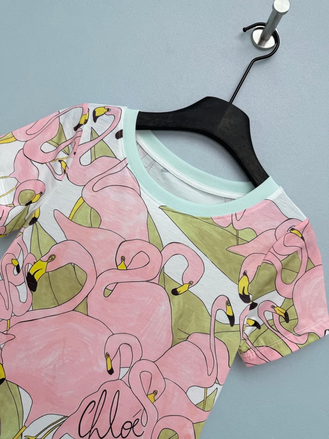 C18402 🔥🔥Chlo*26 New-style flamingo-themed short-sleeved T-shirts. The hand-drawn flamingos on the shirts are really cute; with a gentle pink color scheme and fresh green leaves, it’s like wearing a tropical vacation style outfit. The mint green accent on — image 4