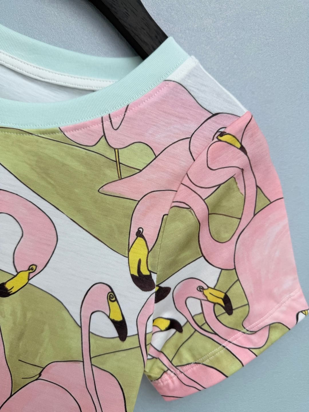 C18402 🔥🔥Chlo*26 New-style flamingo-themed short-sleeved T-shirts. The hand-drawn flamingos on the shirts are really cute; with a gentle pink color scheme and fresh green leaves, it’s like wearing a tropical vacation style outfit. The mint green accent on — image 3