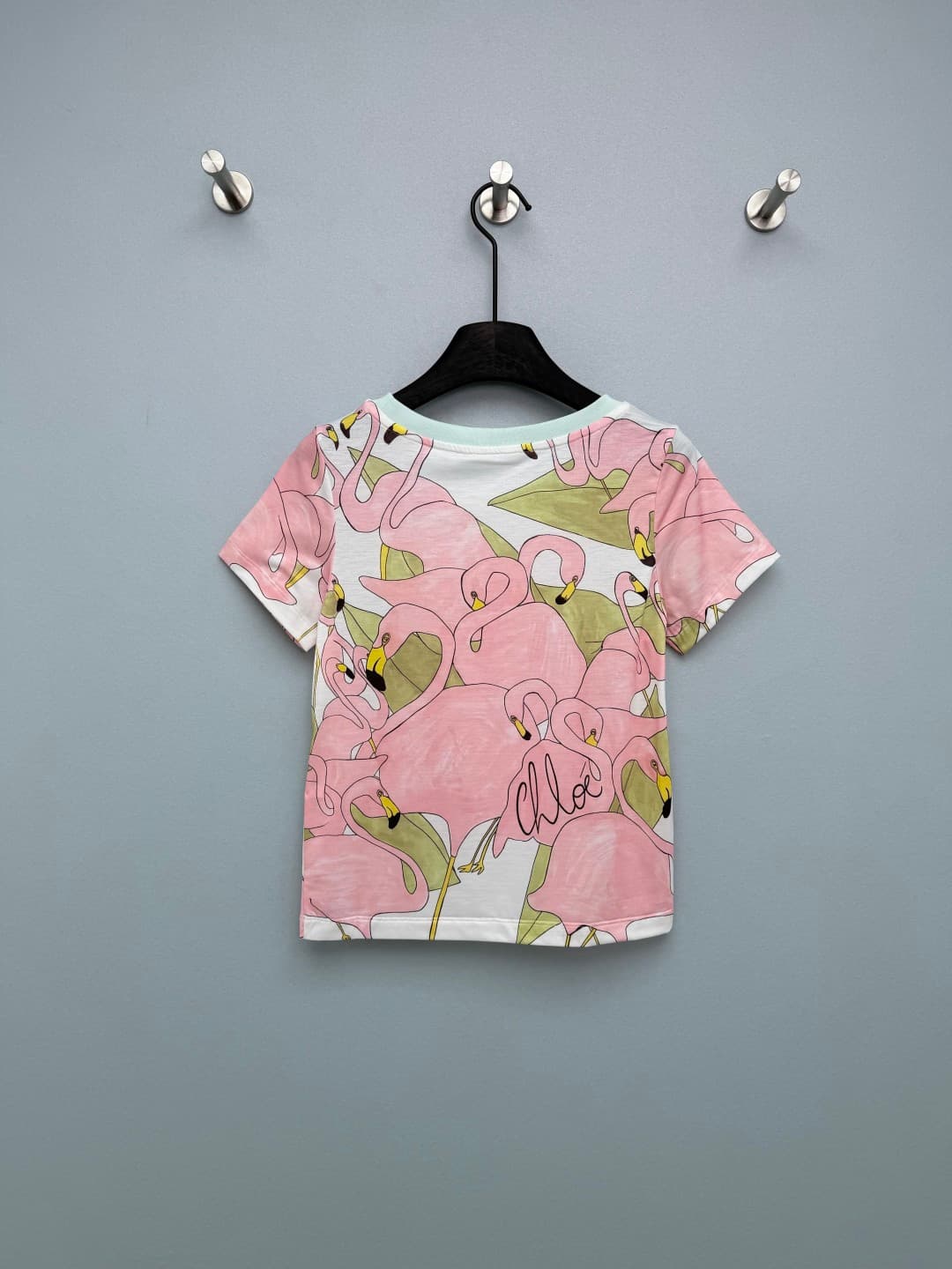 C18402 🔥🔥Chlo*26 New-style flamingo-themed short-sleeved T-shirts. The hand-drawn flamingos on the shirts are really cute; with a gentle pink color scheme and fresh green leaves, it’s like wearing a tropical vacation style outfit. The mint green accent on — image 8