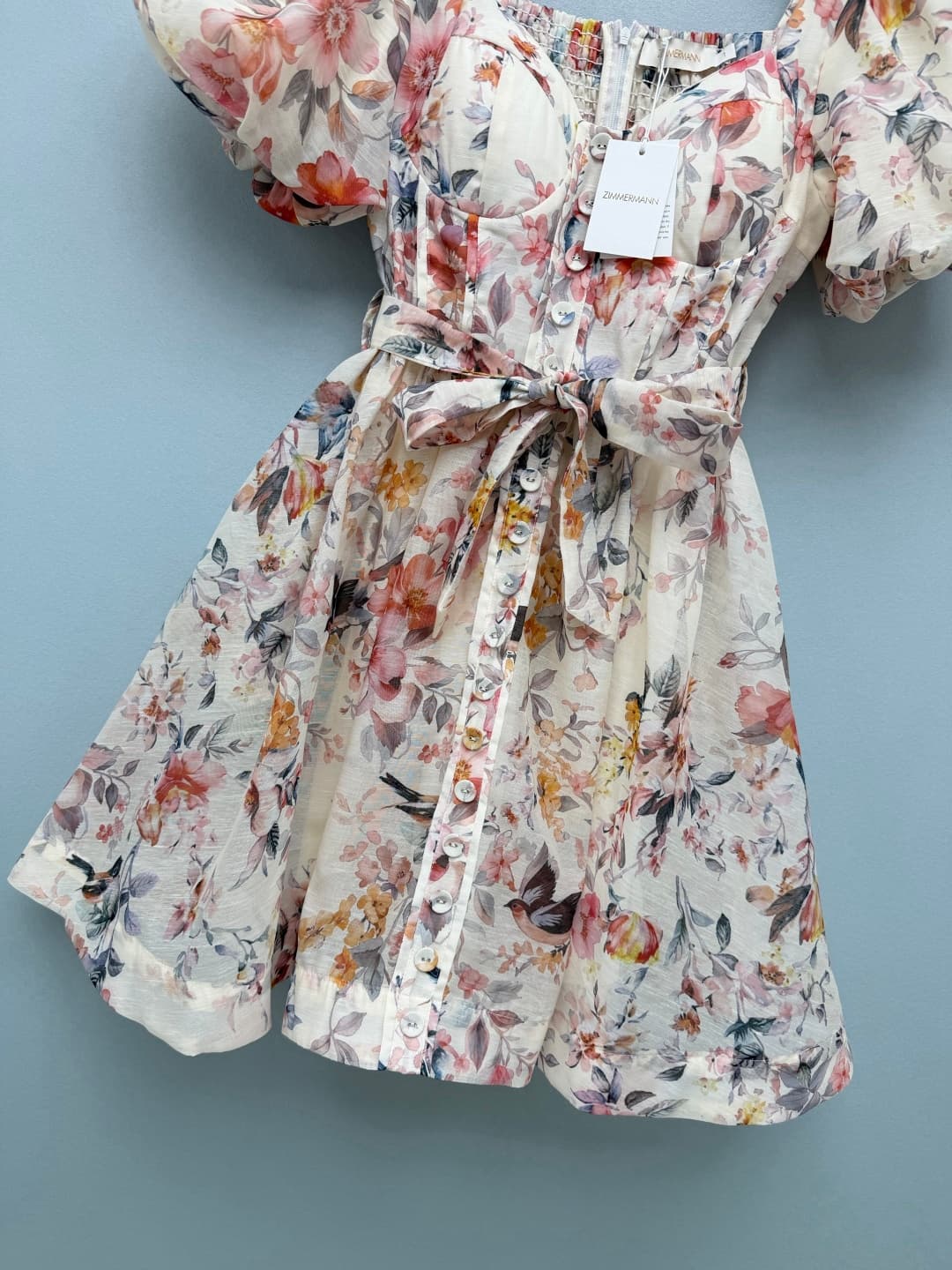 C18324 🔥🔥 Zimmermann 26 Vintage/retro new dress with bird and flower patterns, square collar + bubble sleeves. The elegant collar reveals the delicate collarbones, while the short bubble sleeves refine the shoulders and effectively cover up the arm fat. I — image 4