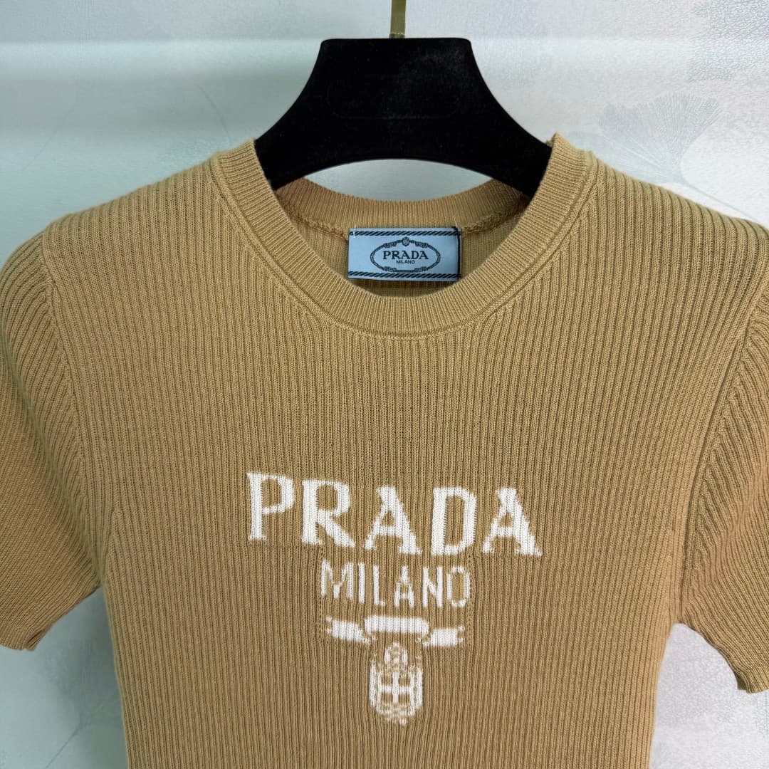 C18476 ❤️pp🆕Prad* 2025 – New spring/summer round-neck knitted short sleeves! Made of custom wool knitting material; soft and comfortable in texture. Features a logo emblem on the chest, highlighting the brand’s style. Rich visual effect. Standard fit that — image 4