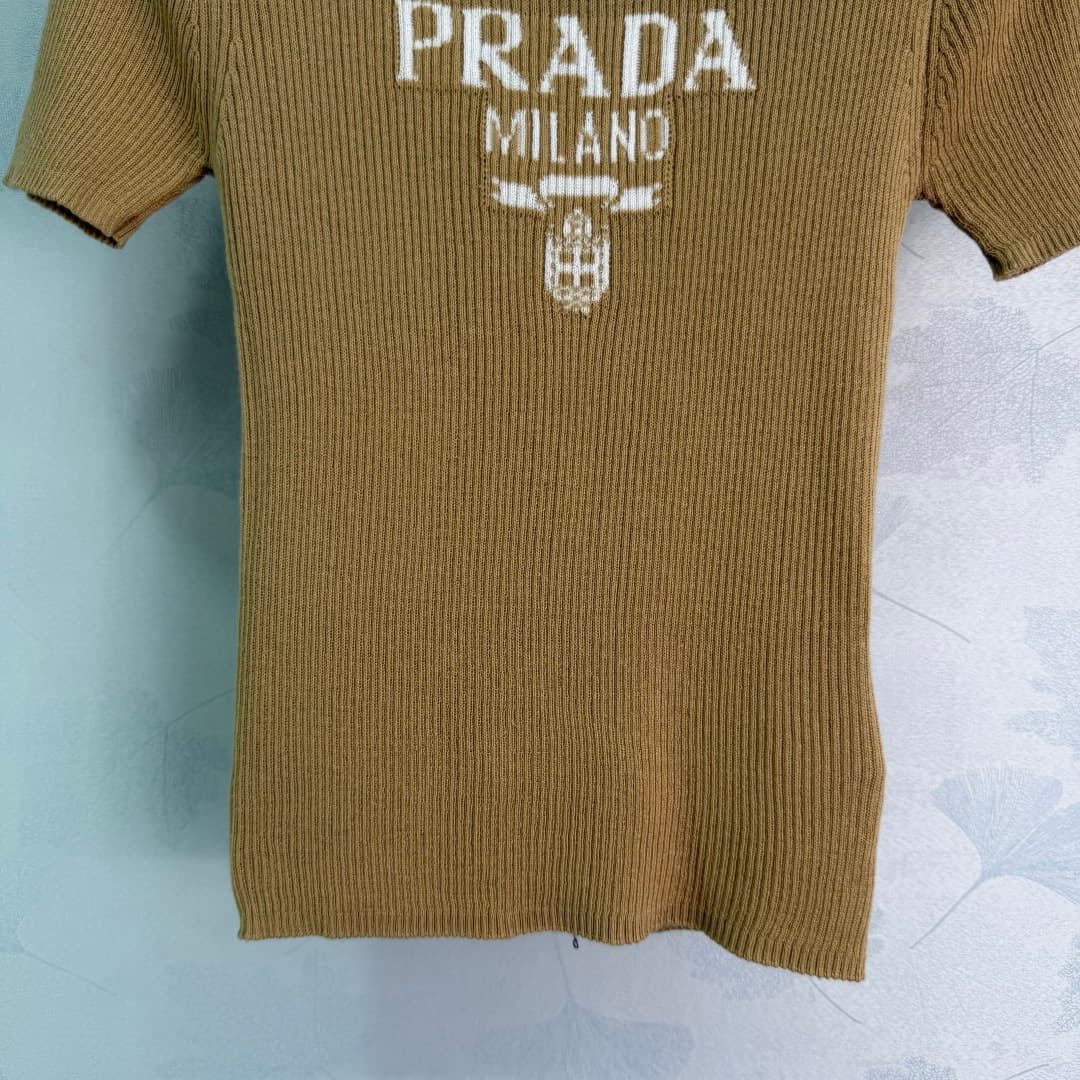 C18476 ❤️pp🆕Prad* 2025 – New spring/summer round-neck knitted short sleeves! Made of custom wool knitting material; soft and comfortable in texture. Features a logo emblem on the chest, highlighting the brand’s style. Rich visual effect. Standard fit that — image 7