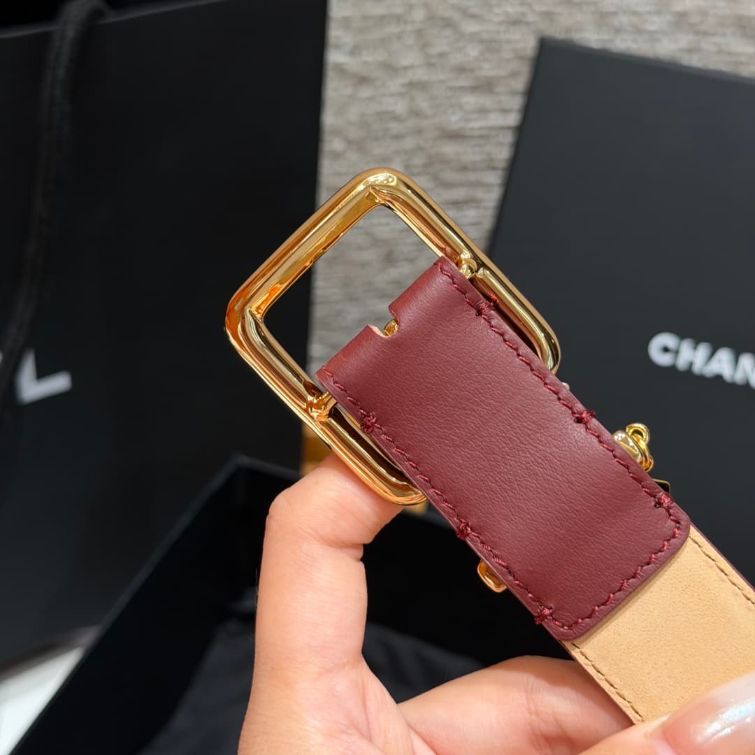 C32959 Xiangjia✨Leather Belt with CC Charm, Calfskin 30mm – Leather belt with two C pendants — image 7