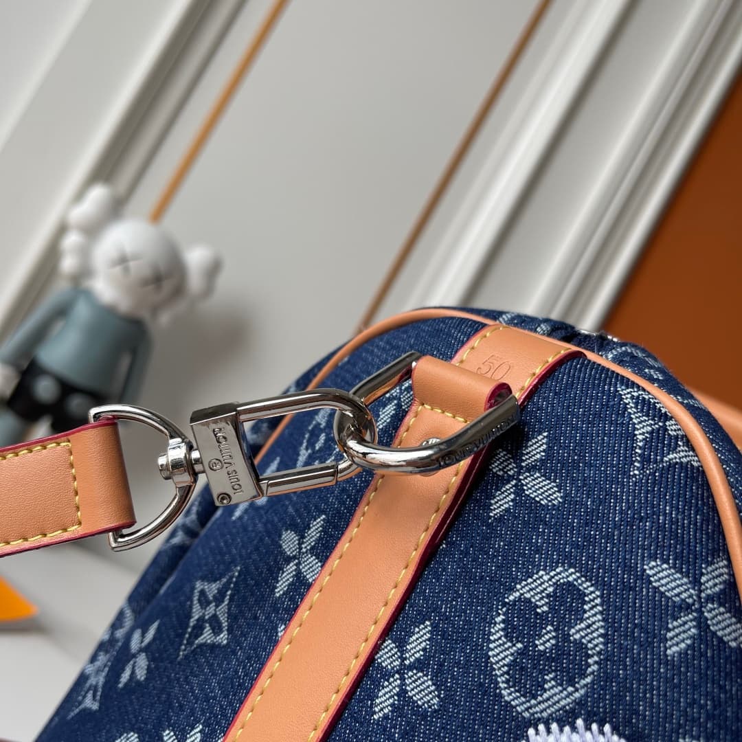 C5293 Upgraded 230 Denim Fabric M27781 M41416 LV keepall BANDOULIÈRE 45 Spring Capsule Collection Embroidery Denim Fabric Travel Bag Travel Pouch Chip Version — image 5
