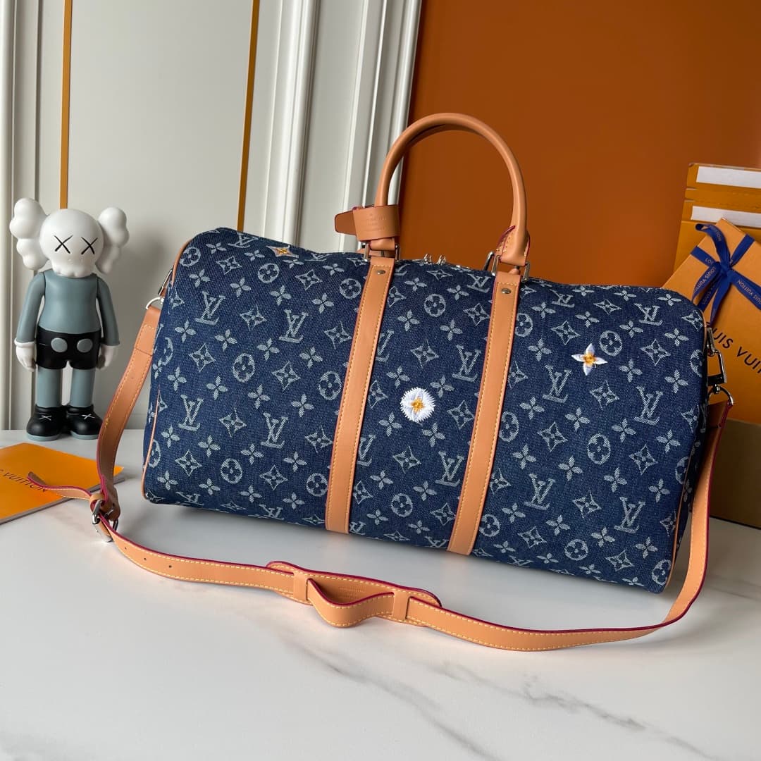 C5293 Upgraded 230 Denim Fabric M27781 M41416 LV keepall BANDOULIÈRE 45 Spring Capsule Collection Embroidery Denim Fabric Travel Bag Travel Pouch Chip Version — image 6