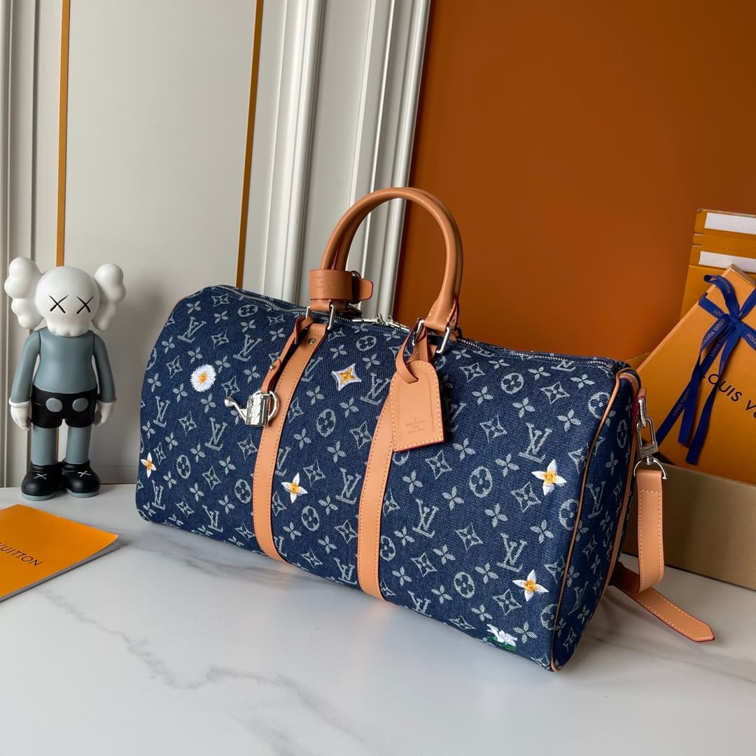 C5293 Upgraded 230 Denim Fabric M27781 M41416 LV keepall BANDOULIÈRE 45 Spring Capsule Collection Embroidery Denim Fabric Travel Bag Travel Pouch Chip Version — image 3