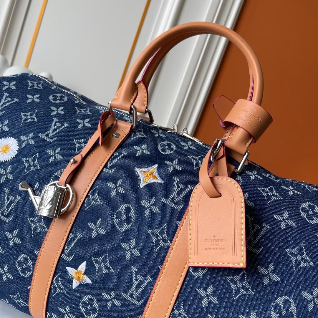 C5293 Upgraded 230 Denim Fabric M27781 M41416 LV keepall BANDOULIÈRE 45 Spring Capsule Collection Embroidery Denim Fabric Travel Bag Travel Pouch Chip Version — image 4