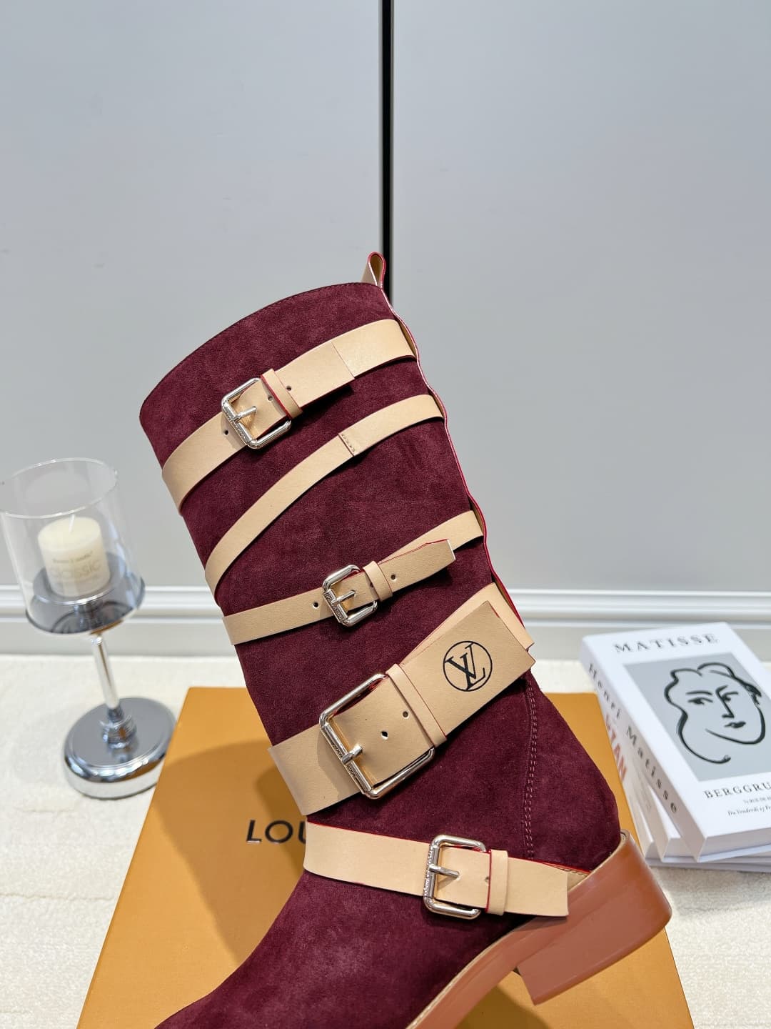 D9085 LV Wine-red suede belt high-top boots 26ss — image 7