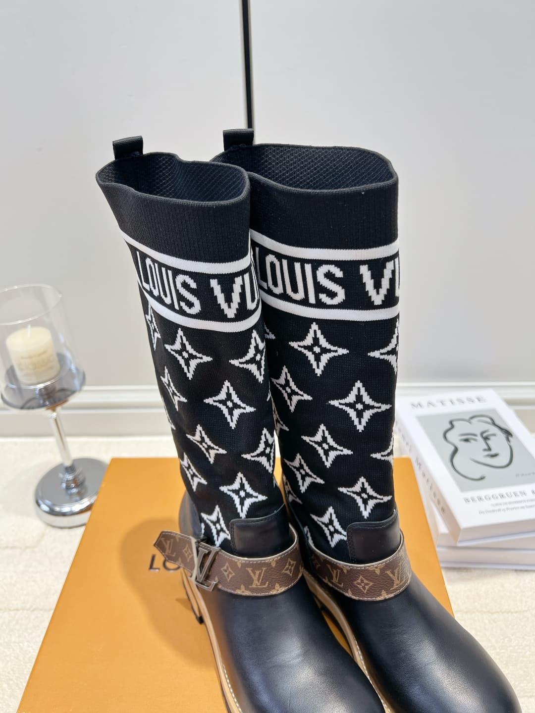 D9090 LV Lace knitted patch high boots 26ss — image 6