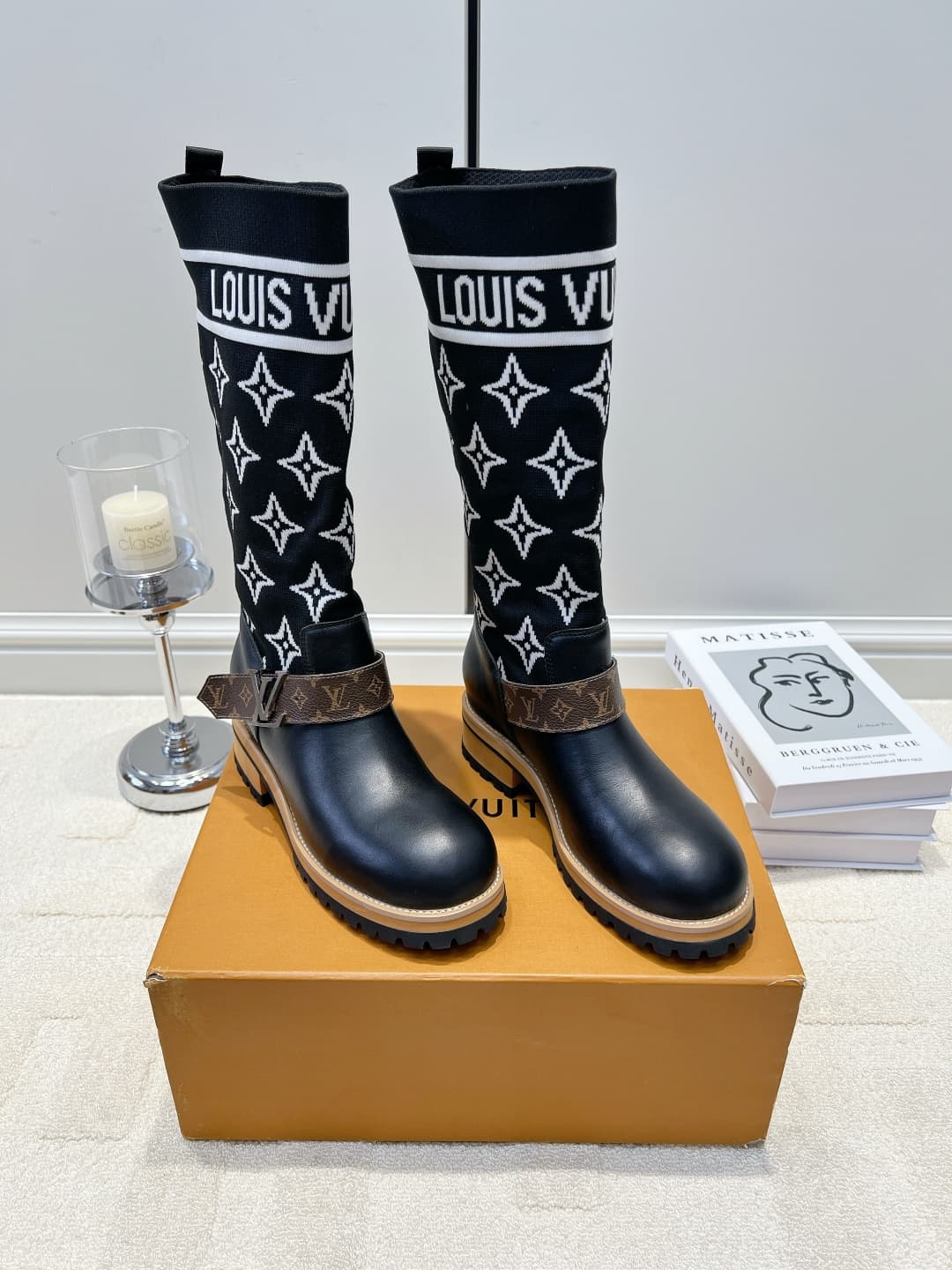 D9090 LV Lace knitted patch high boots 26ss — image 3