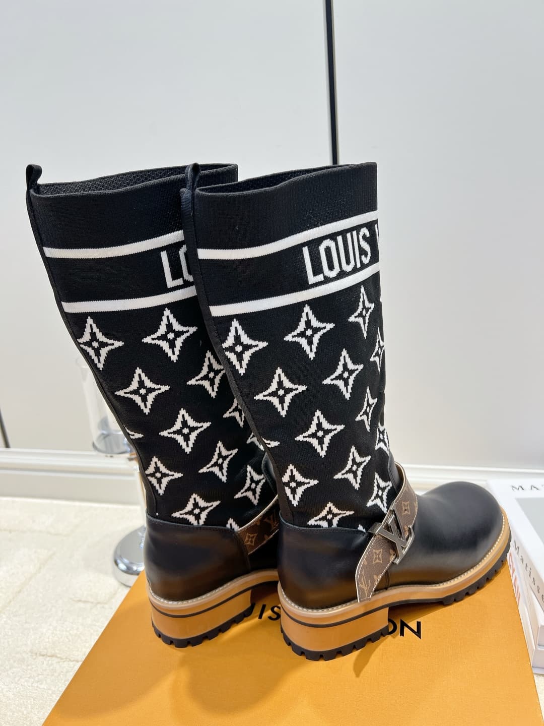 D9090 LV Lace knitted patch high boots 26ss — image 5