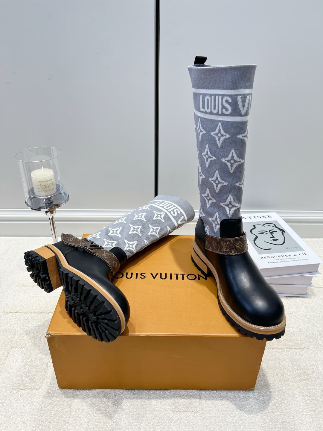 D9089 LV Grey Knit Lacing High Boots 26ss — image 2
